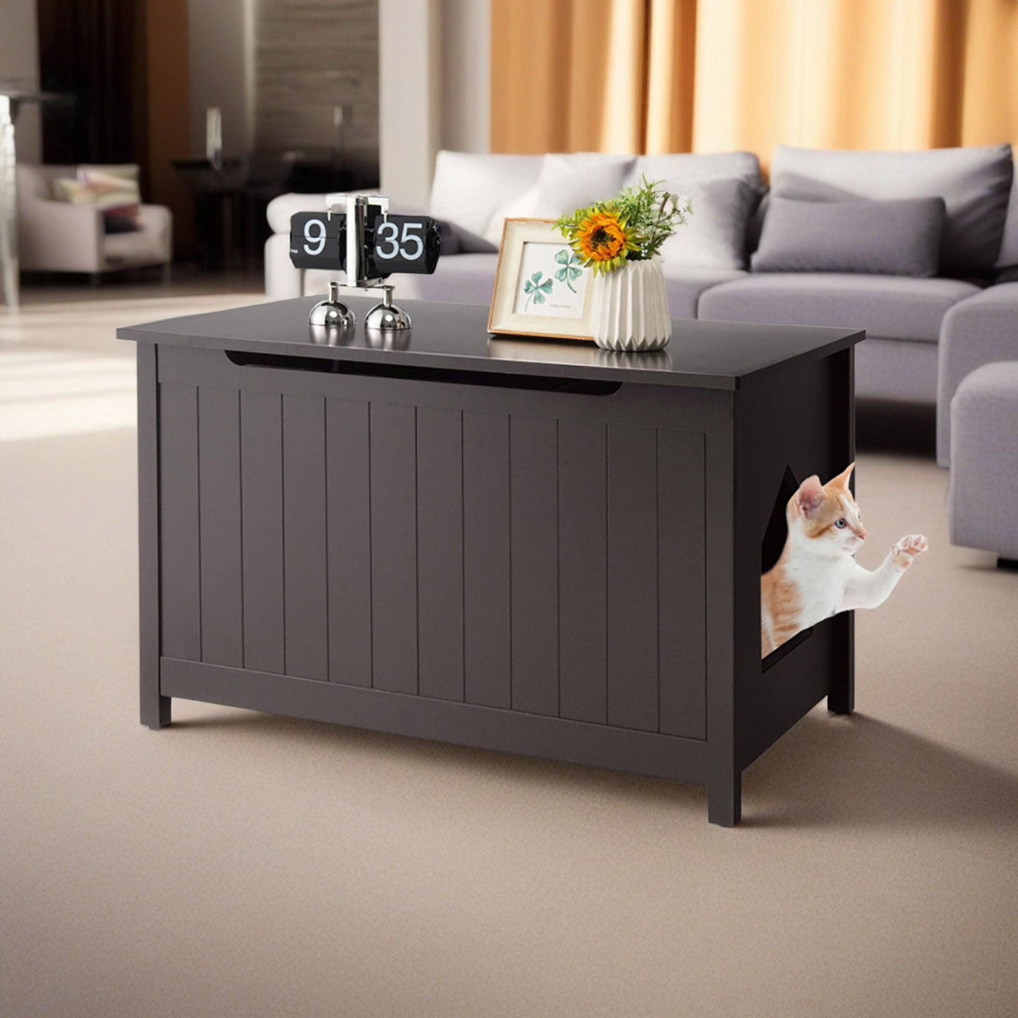 Pefilos 31" Wooden Cat Litter Box Enclosure with Top Opening, Hidden Cat House Washroom Furniture, Brown Pefilos 31" Wooden Cat Litter Box Enclosure with Top Opening, Hidden Cat House Washroom Furniture, Brown