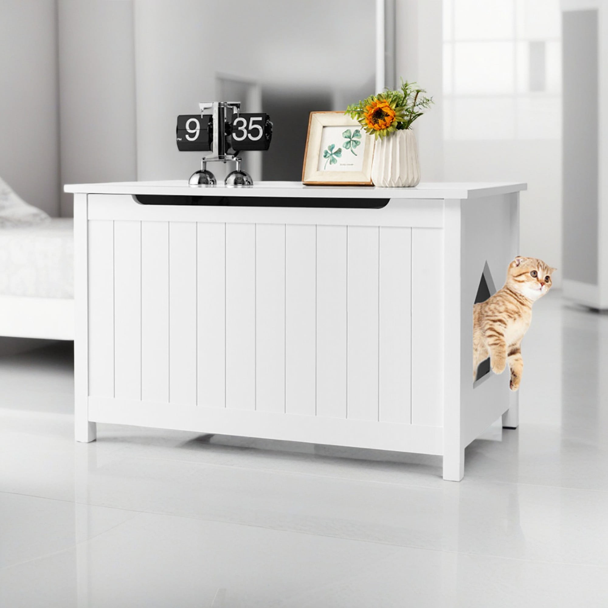 Pefilos 31" Wooden Cat Litter Box Enclosure with Top Opening, Hidden Cat House Washroom Furniture, White Pefilos 31" Wooden Cat Litter Box Enclosure with Top Opening, Hidden Cat House Washroom Furniture, White