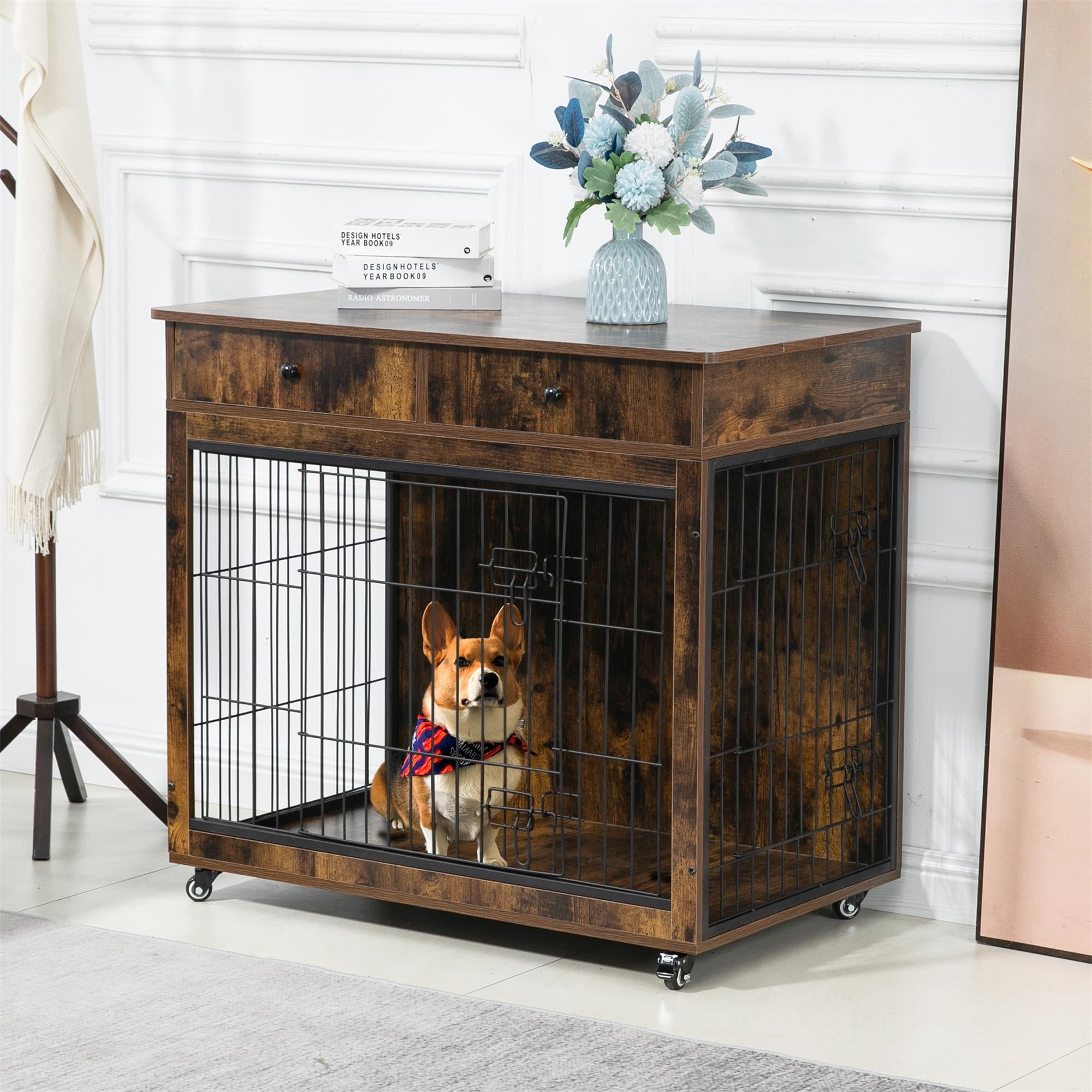 Pefilos 31" Wooden Dog Crate Furniture, Dog Kennel with Drawer, Indoor Dog House for Small Dog, Steel-Wire Dog Cage, Chew-Proof, Brown Pefilos 31" Wooden Dog Crate Furniture, Dog Kennel with Drawer, Indoor Dog House for Small Dog, Steel-Wire Dog Cage, Chew-Proof, Brown