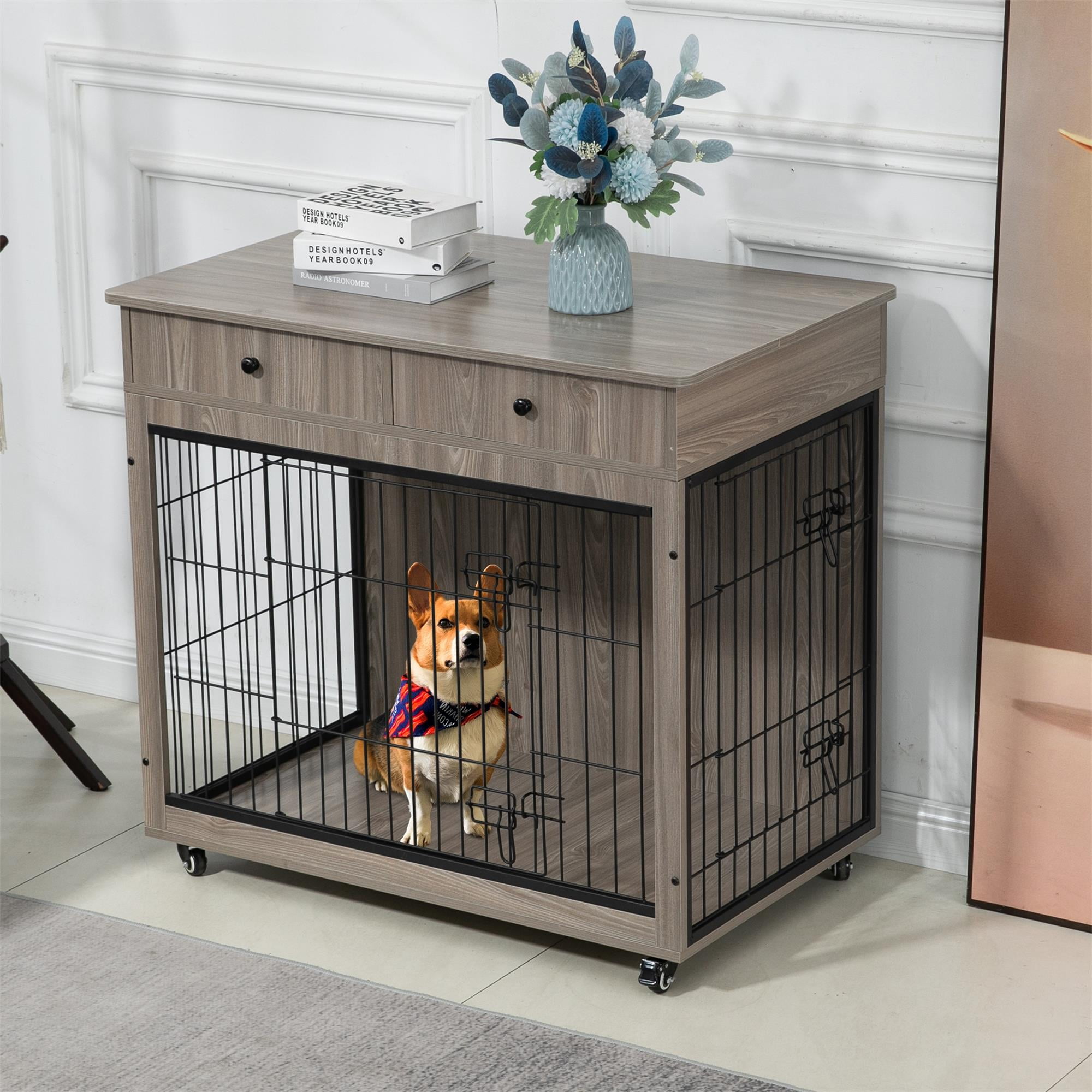 Pefilos 31" Wooden Dog Crate Furniture, Dog Kennel with Drawer, Indoor Dog House for Small Dog, Steel-Wire Dog Cage, Chew-Proof, Gray Pefilos 31" Wooden Dog Crate Furniture, Dog Kennel with Drawer, Indoor Dog House for Small Dog, Steel-Wire Dog Cage, Chew-Proof, Gray