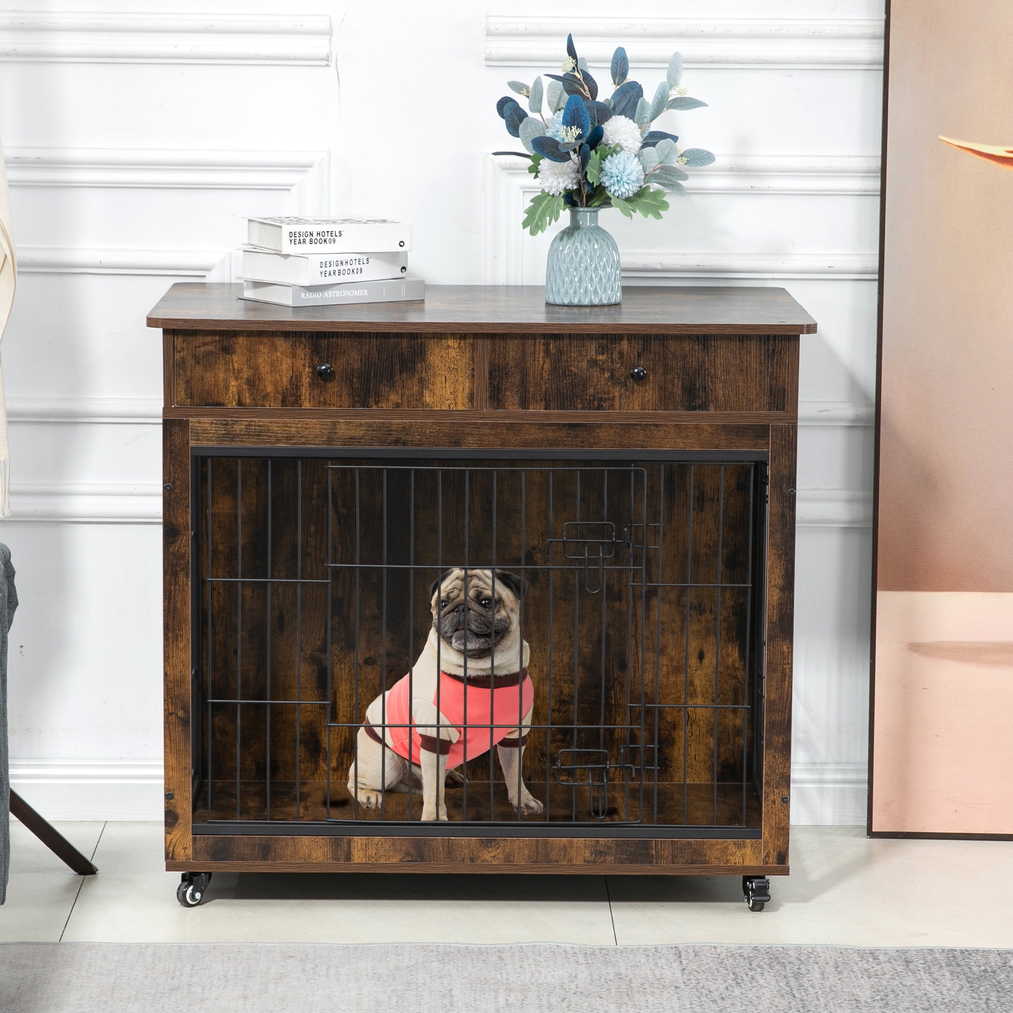 Pefilos 31" Wooden Dog Crate Furniture with 2 Drawers Storage, Indoor Dog Kennel, Heavy Duty Dog Cage for Small, Brown Pefilos 31" Wooden Dog Crate Furniture with 2 Drawers Storage, Indoor Dog Kennel, Heavy Duty Dog Cage for Small, Brown