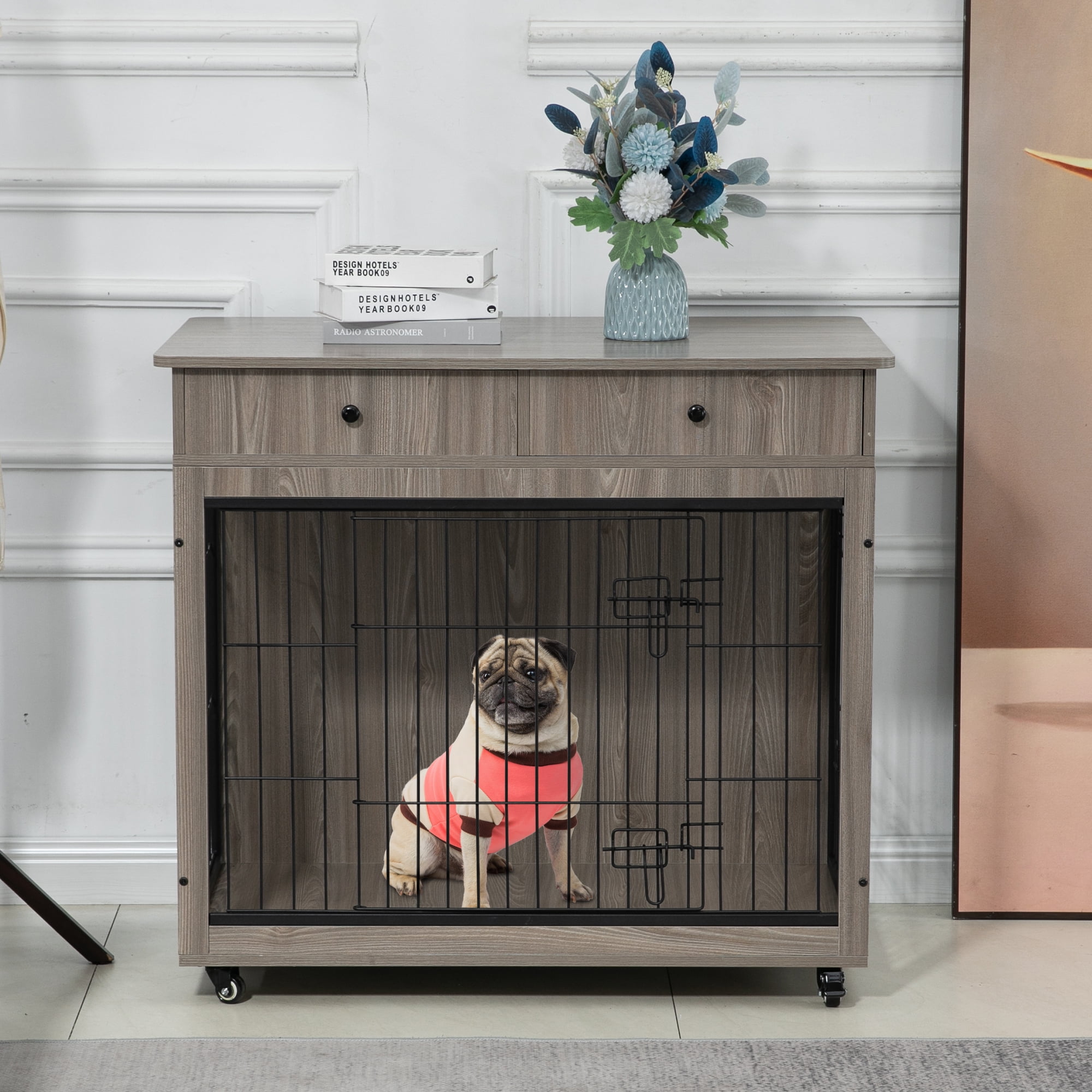 Pefilos 31" Wooden Dog Crate Furniture with 2 Drawers Storage, Indoor Dog Kennel, Heavy Duty Dog Cage for Small, Gray Pefilos 31" Wooden Dog Crate Furniture with 2 Drawers Storage, Indoor Dog Kennel, Heavy Duty Dog Cage for Small, Gray