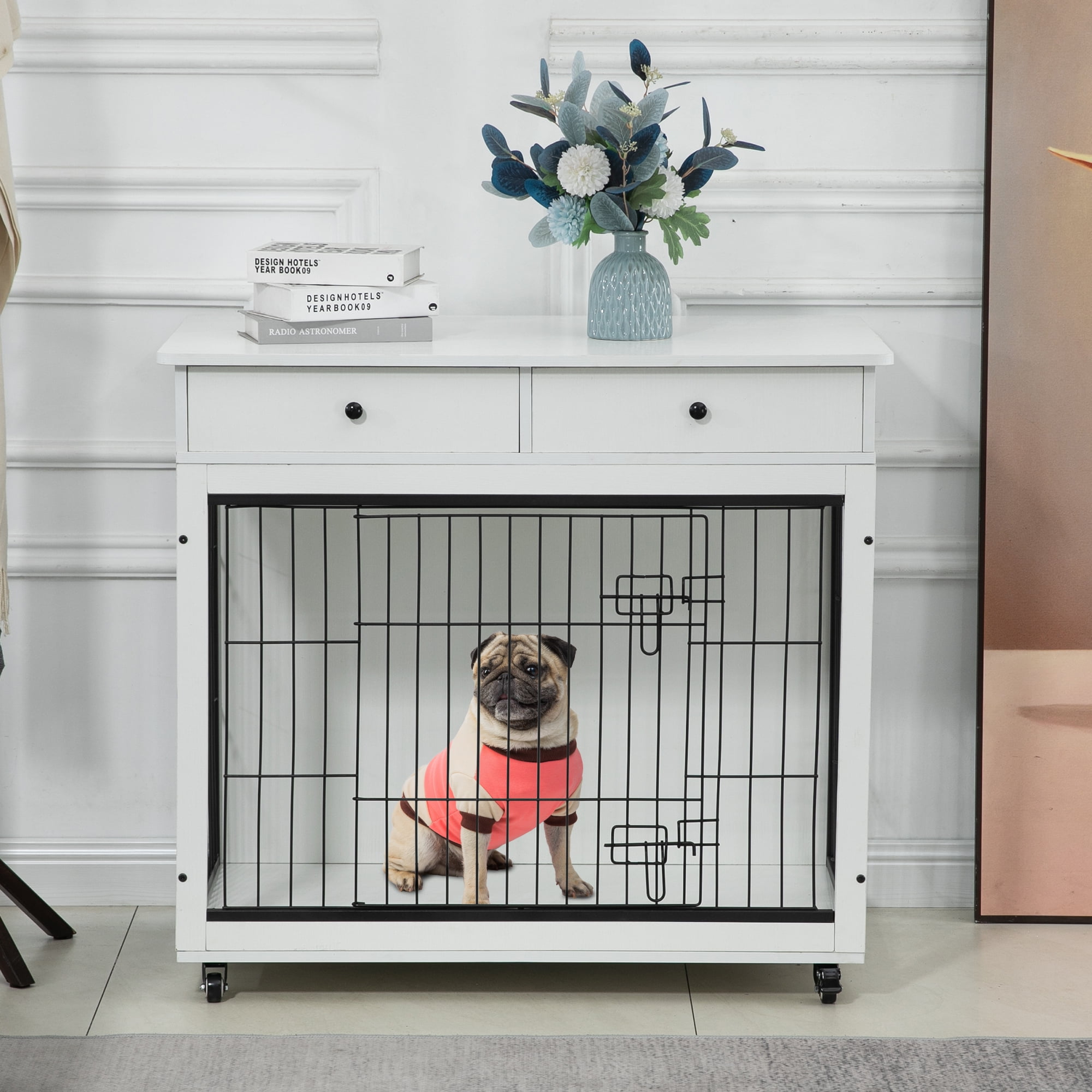 Pefilos 31" Wooden Dog Crate Furniture with 2 Drawers Storage, Indoor Dog Kennel, Heavy Duty Dog Cage for Small, White Pefilos 31" Wooden Dog Crate Furniture with 2 Drawers Storage, Indoor Dog Kennel, Heavy Duty Dog Cage for Small, White