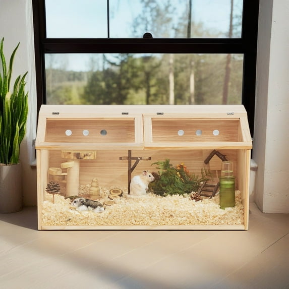 Pefilos 31" Wooden Hamster Cage for Small Animals House, Acrylic Hutch for Dwarf Hamster, Guinea Pig, Chinchilla, Openable Top with Air Vents (Accessories in the cage do not include), Beige