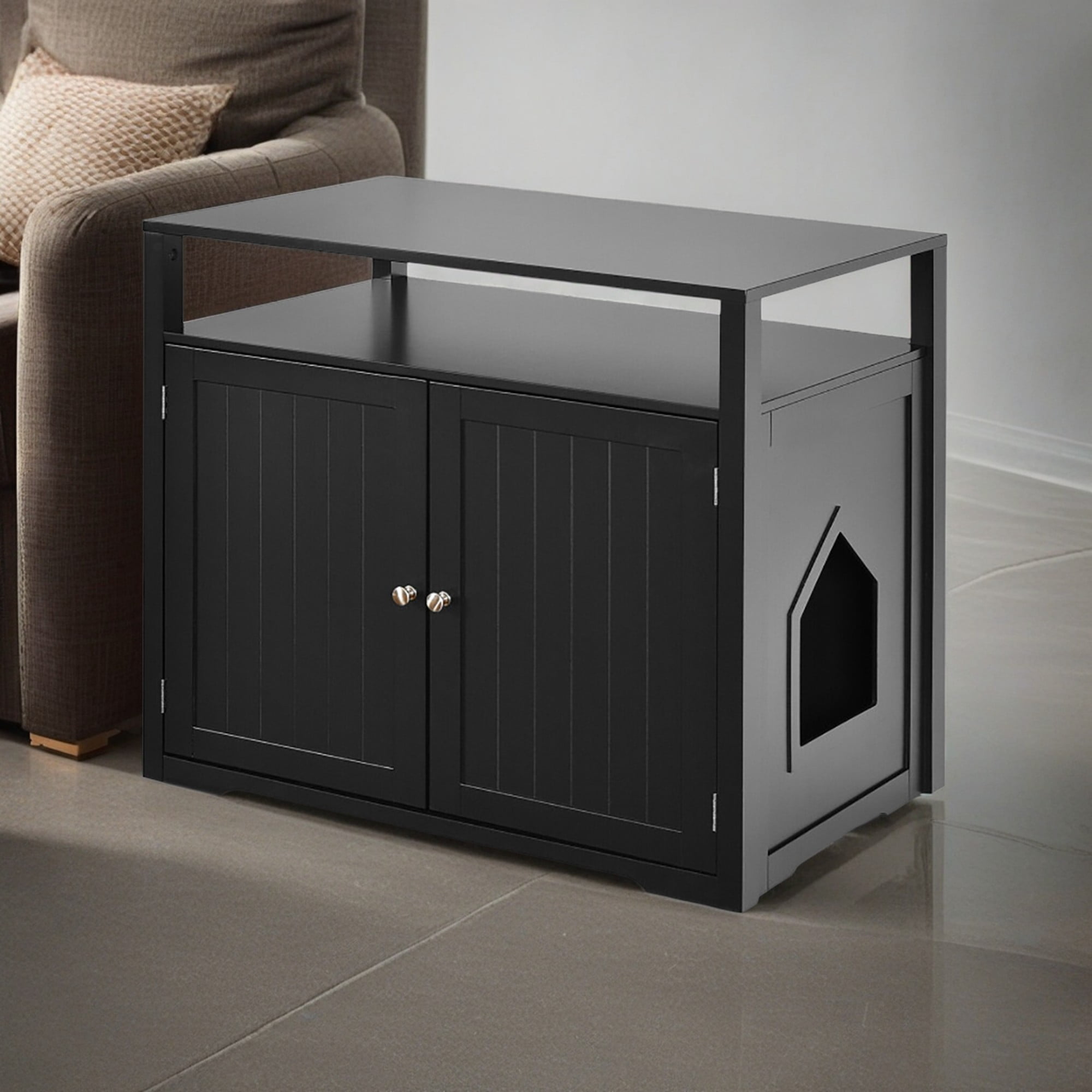 Pefilos 31" Wooden Hidden Cat Litter Box Enclosure Furniture, Cat Washroom with Storage Layer, Cat House for Large Cats, Black Pefilos 31" Wooden Hidden Cat Litter Box Enclosure Furniture, Cat Washroom with Storage Layer, Cat House for Large Cats, Black