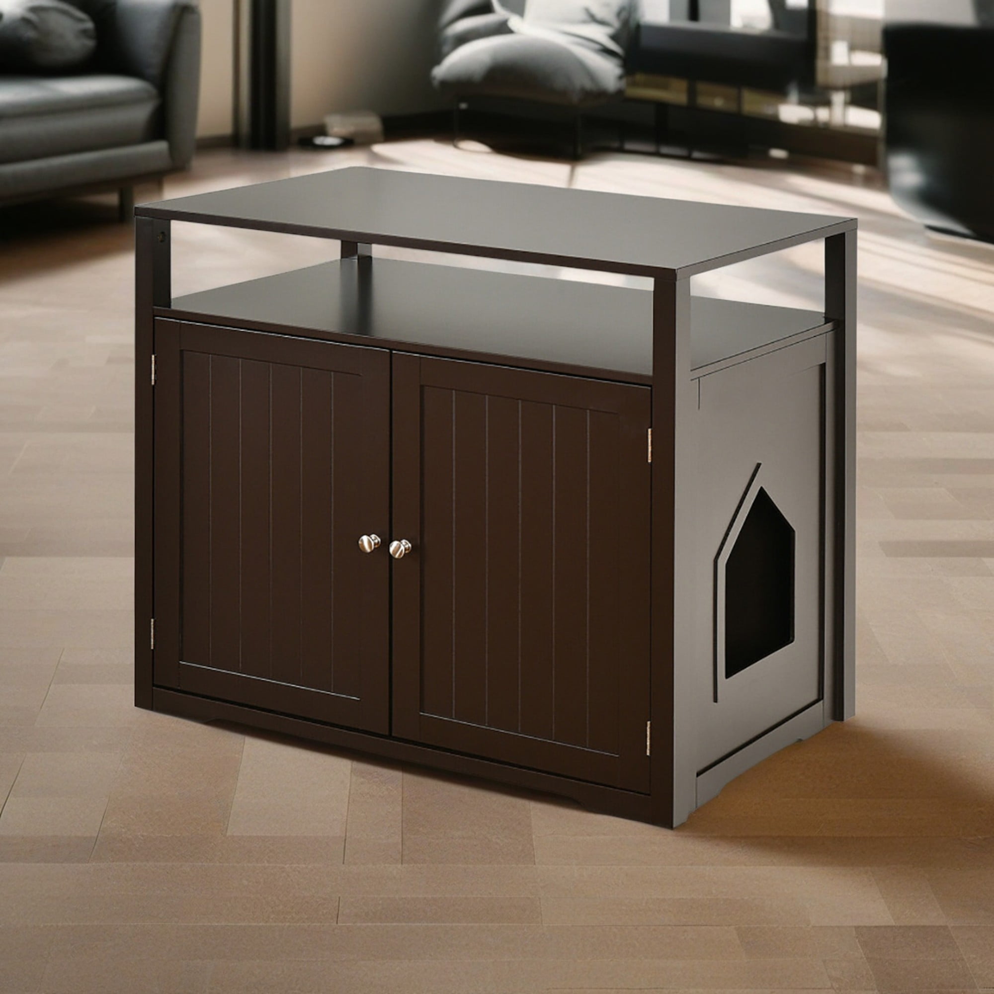 Brown MDF Freestanding Cat Litter Box Enclosure with Storage