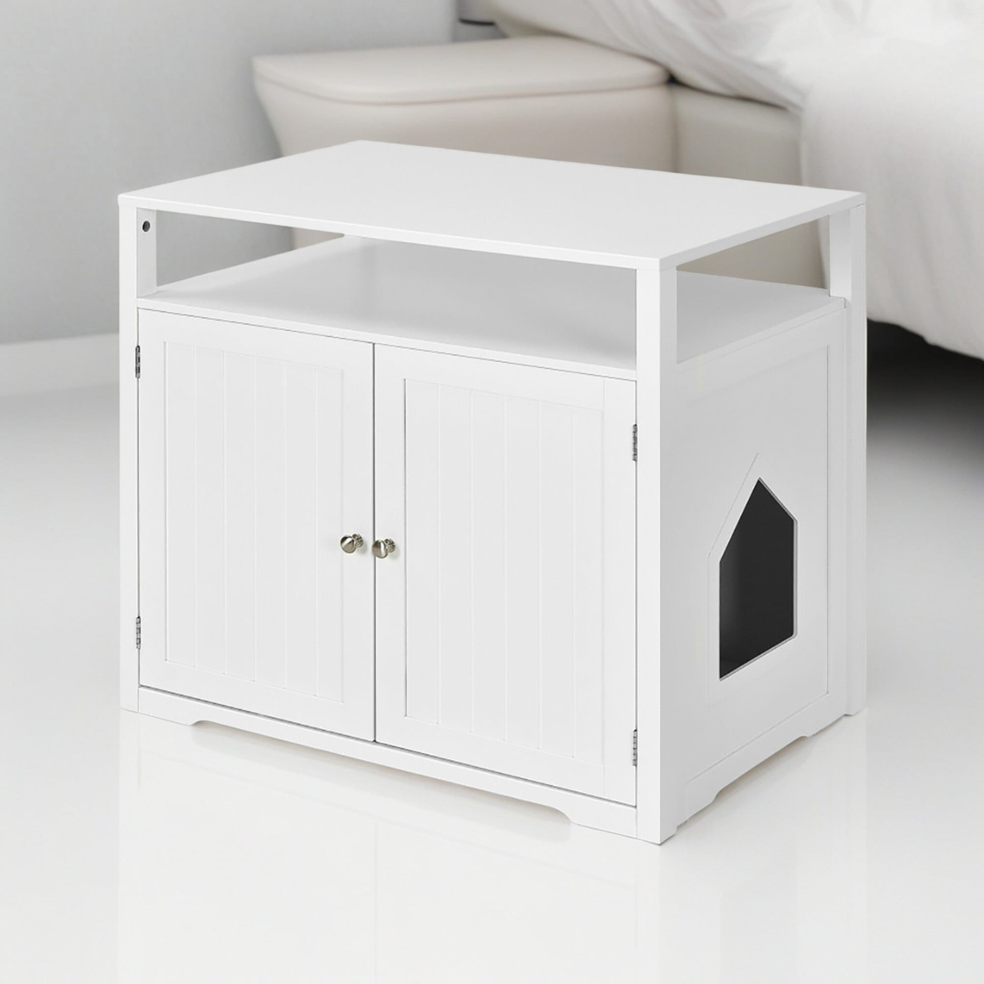 Pefilos 31" Wooden Hidden Cat Litter Box Enclosure Furniture, Cat Washroom with Storage Layer, Cat House for Large Cats, White Pefilos 31" Wooden Hidden Cat Litter Box Enclosure Furniture, Cat Washroom with Storage Layer, Cat House for Large Cats, White