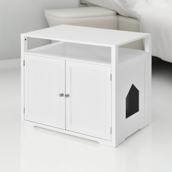 Pefilos 31" Wooden Hidden Cat Litter Box Enclosure Furniture, Cat Washroom with Storage Layer, Cat House for Large Cats, White