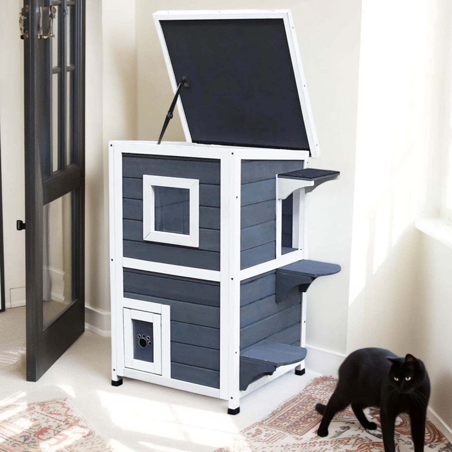 Pefilos 32" 2-Story Cat House for Outdoor Cats, Weatherproof Cat Shelter with Escape Door, Wood Cat Condo for 3 Adult Cats, Dark Gray