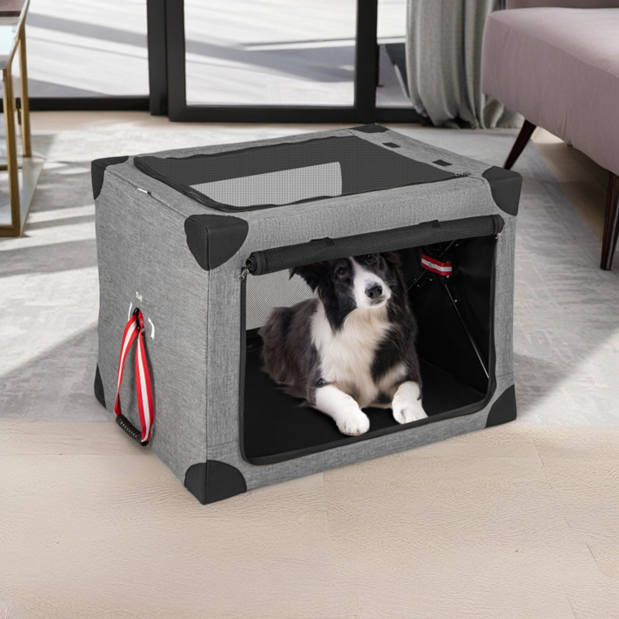 Pefilos 32" 3-Door Folding Soft Dog Crate with Removable Pad and Metal Frame, Indoor and Outdoor Pet Home, L, Gray Pefilos 32" 3-Door Folding Soft Dog Crate with Removable Pad and Metal Frame, Indoor and Outdoor Pet Home, L, Gray