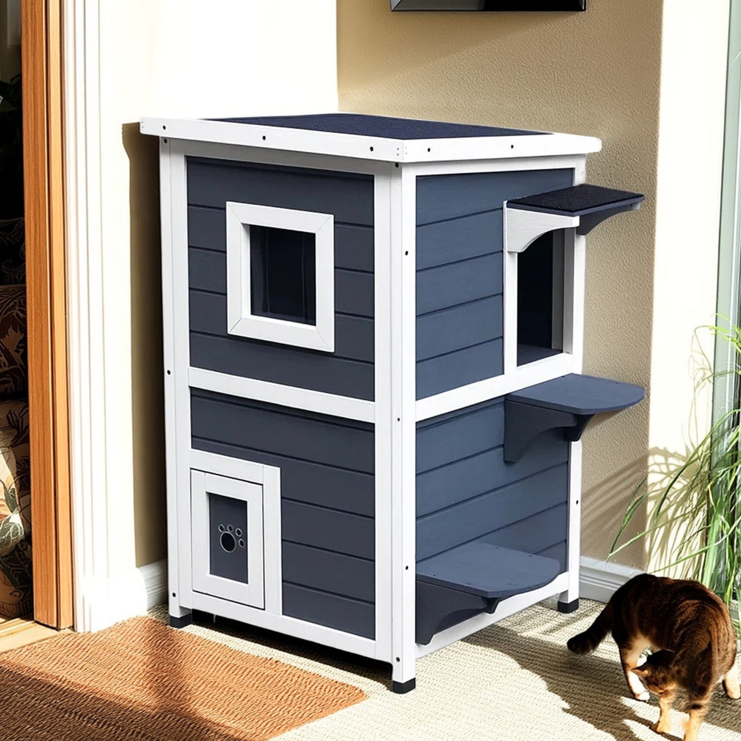 Pefilos 32" Cat House for Outdoor Cats, 2-Story Wood Cat Condo Weatherproof Cat Shelter with and Escape Door, Dark Gray