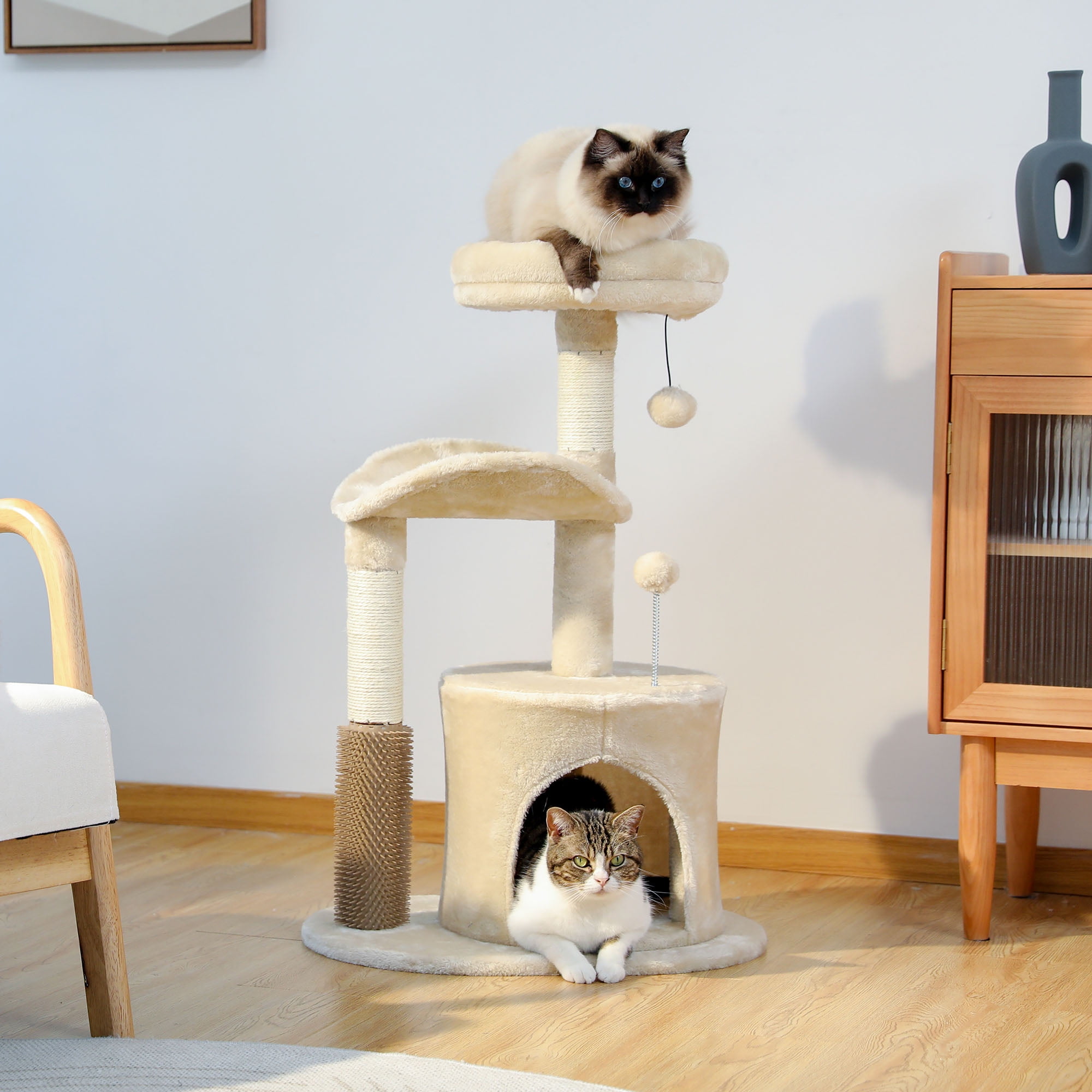 Pefilos 32" Cat Tree Indoor with Self Groomer Brush, Sisal Scratching Post, Dangling Ball, Wood Cat Condo Tower for Small, Medium Cats, Beige Pefilos 32" Cat Tree Indoor with Self Groomer Brush, Sisal Scratching Post, Dangling Ball, Wood Cat Condo Tower for Small, Medium Cats, Beige