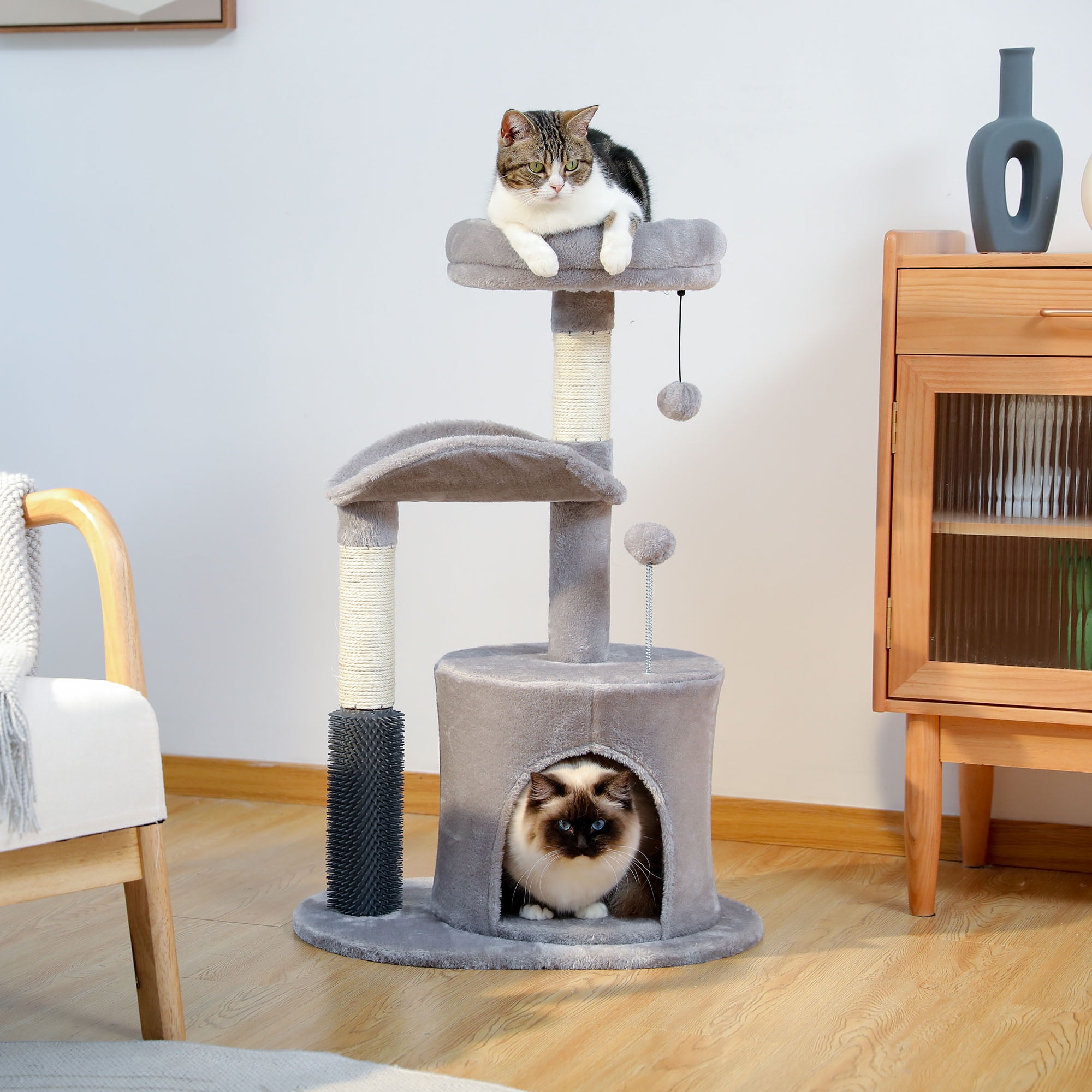 Pefilos 32" Cat Tree Indoor with Self Groomer Brush, Sisal Scratching Post, Dangling Ball, Wood Cat Condo Tower for Small, Medium Cats, Gray Pefilos 32" Cat Tree Indoor with Self Groomer Brush, Sisal Scratching Post, Dangling Ball, Wood Cat Condo Tower for Small, Medium Cats, Gray
