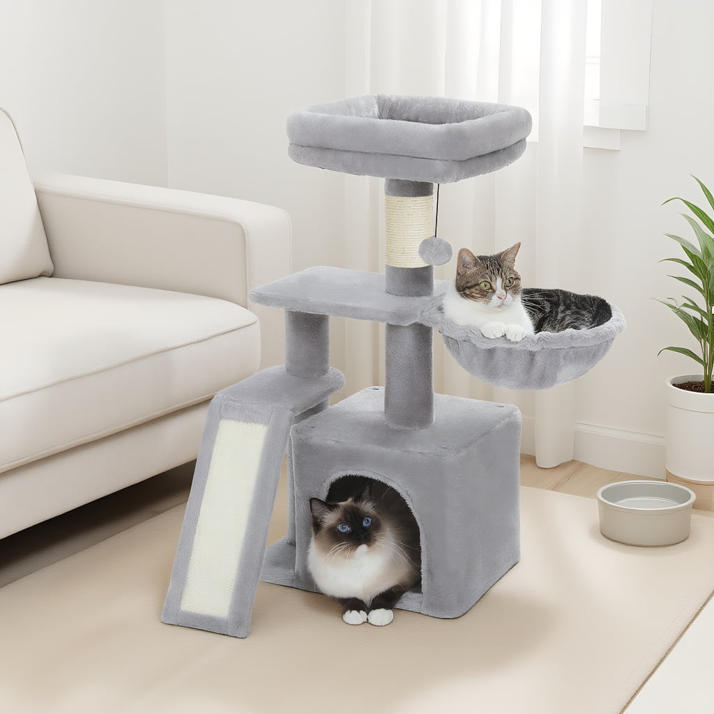 Pefilos 32" Cat Tree Tower, Cute Cat Condo with Sisal Scratching Ramp, Cozy Hammock and Removable Top Bed Perch for Indoor Kittens, Gray