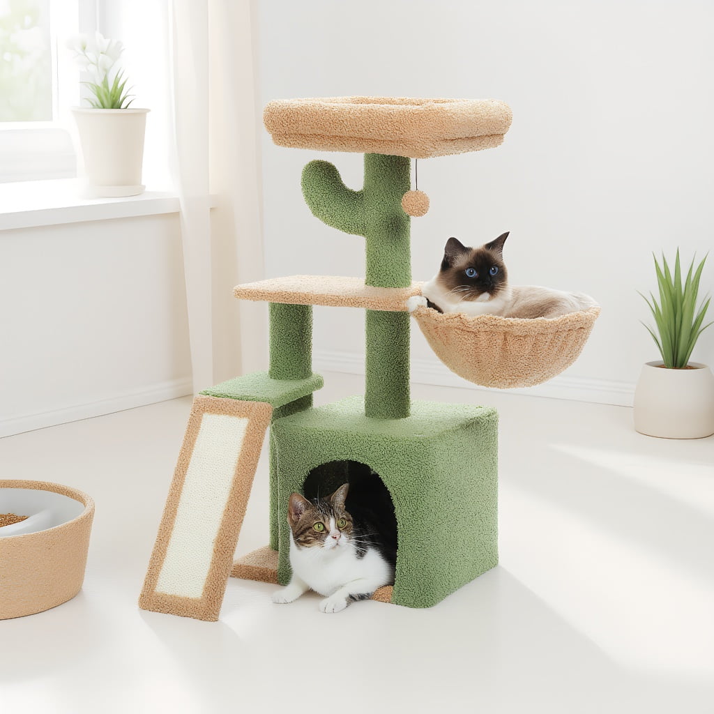 Pefilos 32" Cat Tree Tower, Cute Cat Condo with Sisal Scratching Ramp, Cozy Hammock and Removable Top Bed Perch for Indoor Kittens, Green