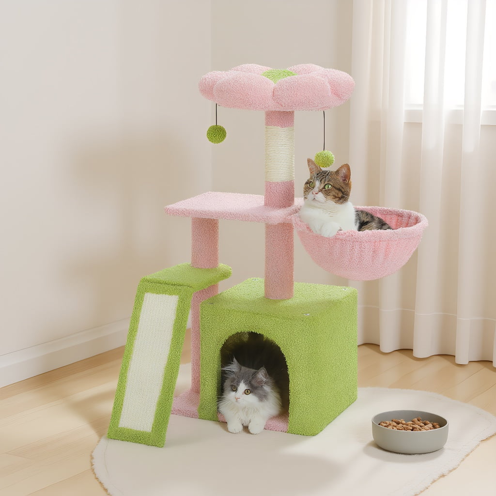 Pefilos 32" Cat Tree Tower, Cute Cat Condo with Sisal Scratching Ramp, Cozy Hammock and Removable Top Bed Perch for Indoor Kittens, Pink