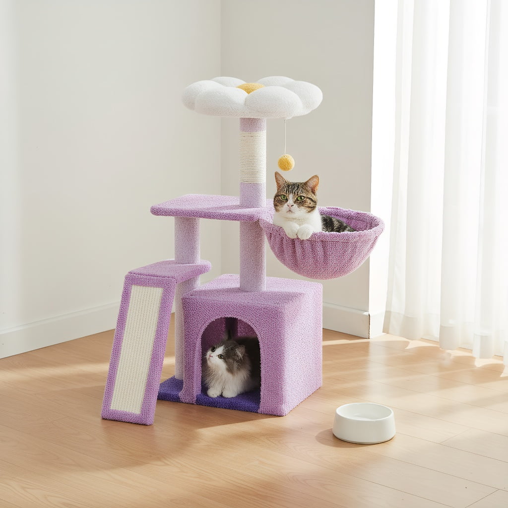 Pefilos 32" Cat Tree Tower, Cute Cat Condo with Sisal Scratching Ramp, Cozy Hammock and Removable Top Bed Perch for Indoor Kittens, Purple