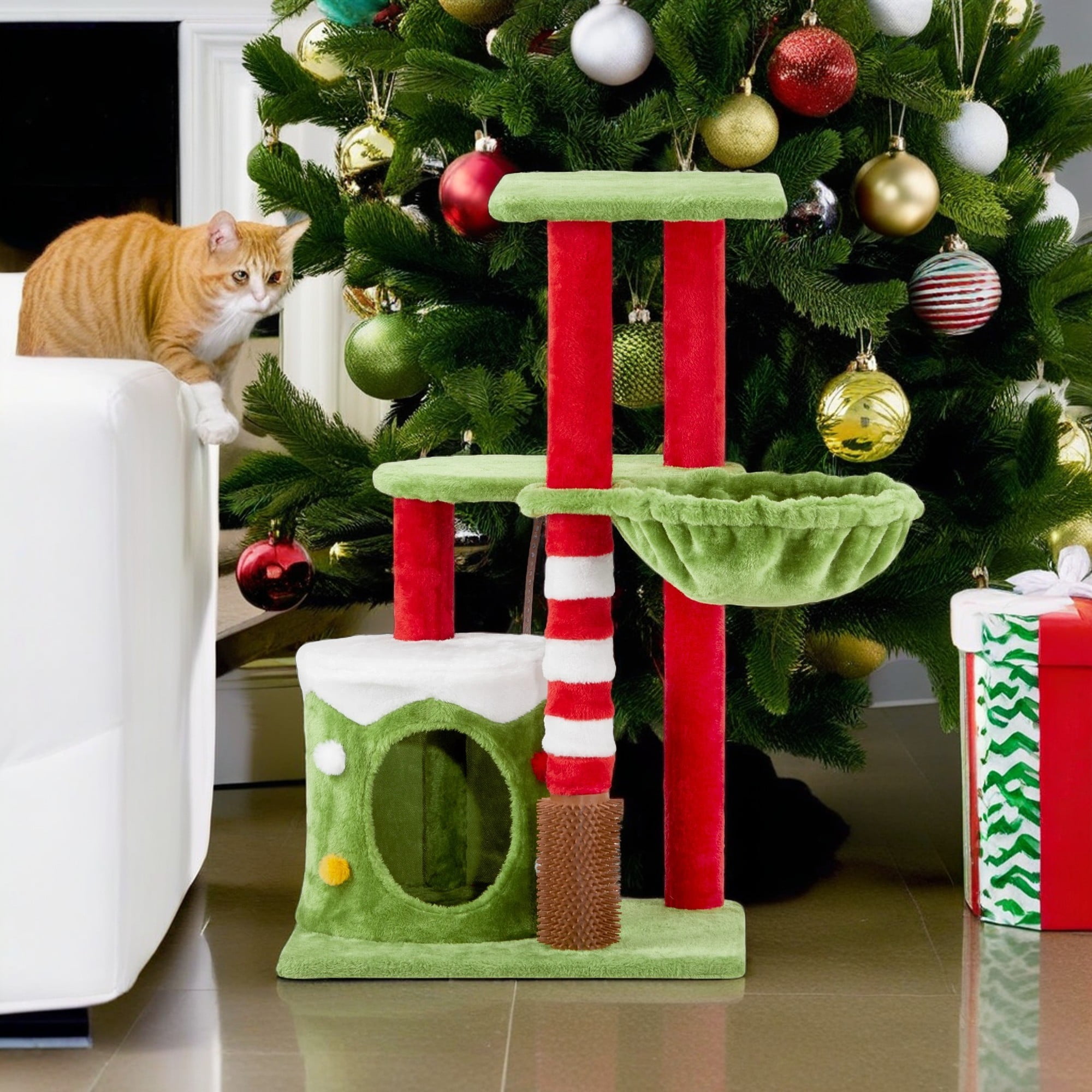 Pefilos 32" Cat Tree with Cat Massage Brush, Cat Tower with Sisal-Covered Scratching Post, Cat Condo and Hammock, for Small Spaces, Kittens, Green Pefilos 32" Cat Tree with Cat Massage Brush, Cat Tower with Sisal-Covered Scratching Post, Cat Condo and Hammock, for Small Spaces, Kittens, Green