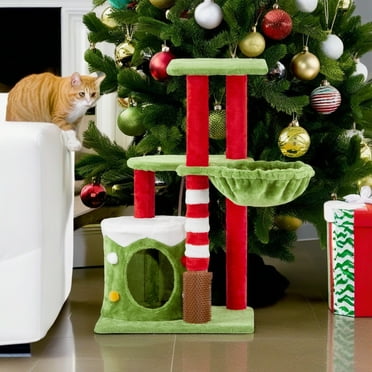 Pefilos 32" Cat Tree with Cat Massage Brush, Cat Tower with Sisal-Covered Scratching Post, Cat Condo and Hammock, for Small Spaces, Kittens, Green