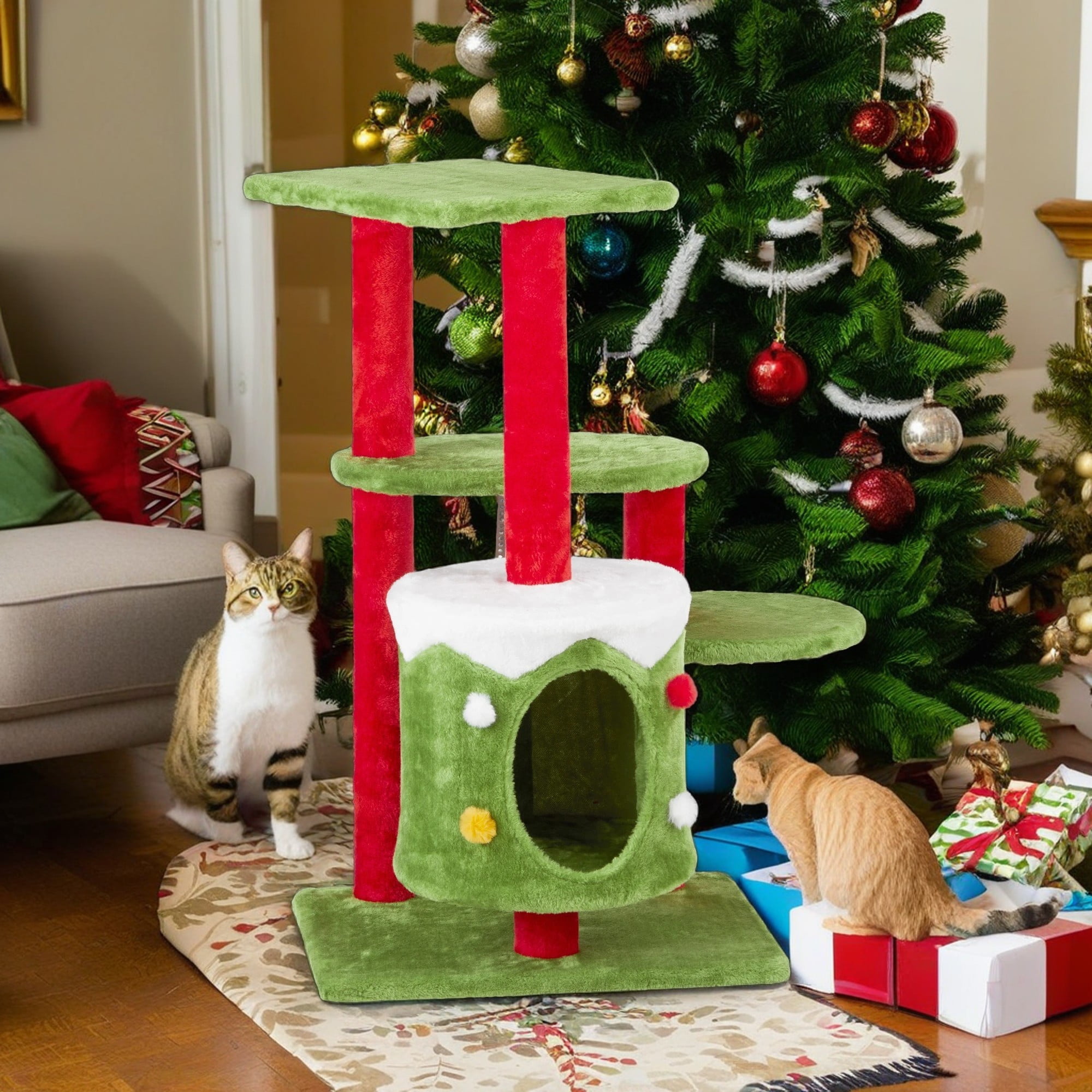 Pefilos 32" Christmas Themed Cat Tower with Cat Condo, 3-Level Plush Cat Tree Activity Center for Indoor Cats, Green Pefilos 32" Christmas Themed Cat Tower with Cat Condo, 3-Level Plush Cat Tree Activity Center for Indoor Cats, Green