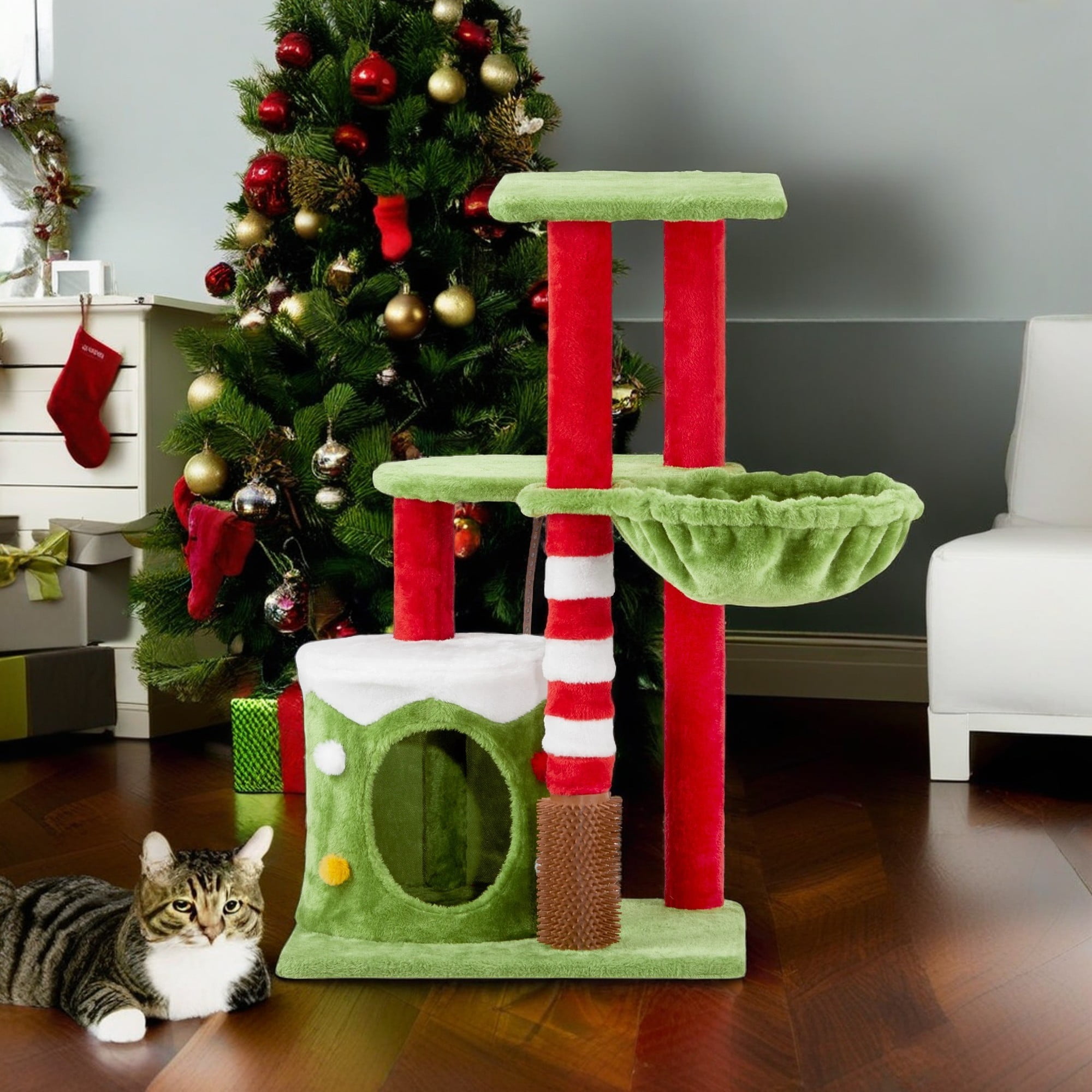Pefilos 32" Christmas Themed Cat Tower with Cat Condo and Hammock, 3-Level Plush Cat Tree Activity Center for Indoor Cats, Green Pefilos 32" Christmas Themed Cat Tower with Cat Condo and Hammock, 3-Level Plush Cat Tree Activity Center for Indoor Cats, Green