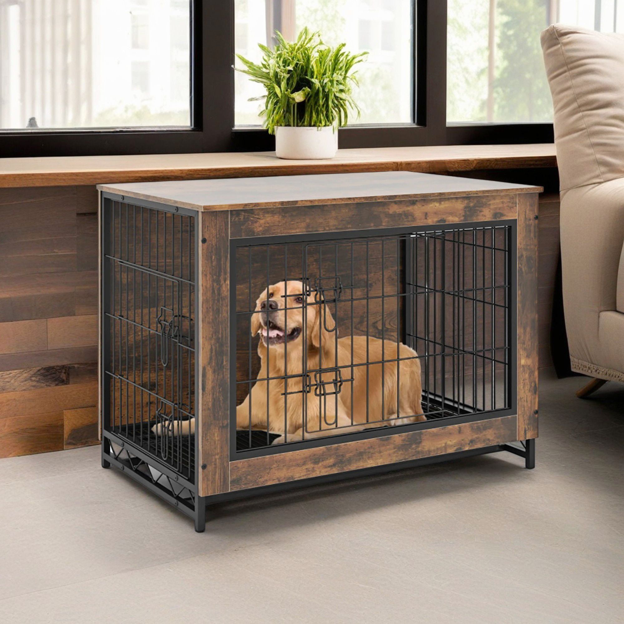 Pefilos 32" Dog Crate Furniture, Indoor Dog Kennel with Double Lockable Doors and Removable Tray, Decorative Pet Cage Dog House, Brown Pefilos 32" Dog Crate Furniture, Indoor Dog Kennel with Double Lockable Doors and Removable Tray, Decorative Pet Cage Dog House, Brown