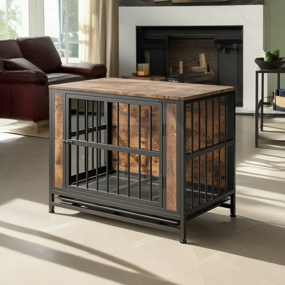 Pefilos 32" Dog Crate Furniture, Wooden Dog Kennel for Dogs with Removable Tray, Heavy-Duty Dog Cage End Table, Double Doors Dog House, Brown