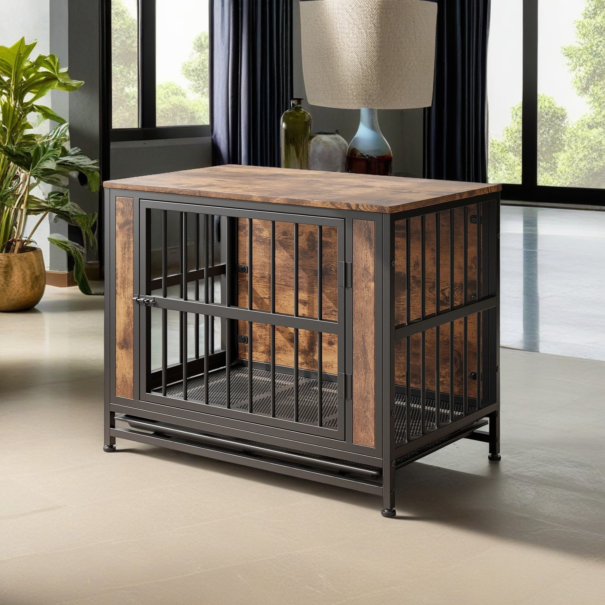 Pefilos 32" Dog Crate Furniture, Wooden Dog Kennel with 2 Sliding Doors and Thick Iron Door Frame, Decorative Dog Cage for Small Dog Indoor, Brown Pefilos 32" Dog Crate Furniture, Wooden Dog Kennel with 2 Sliding Doors and Thick Iron Door Frame, Decorative Dog Cage for Small Dog Indoor, Brown