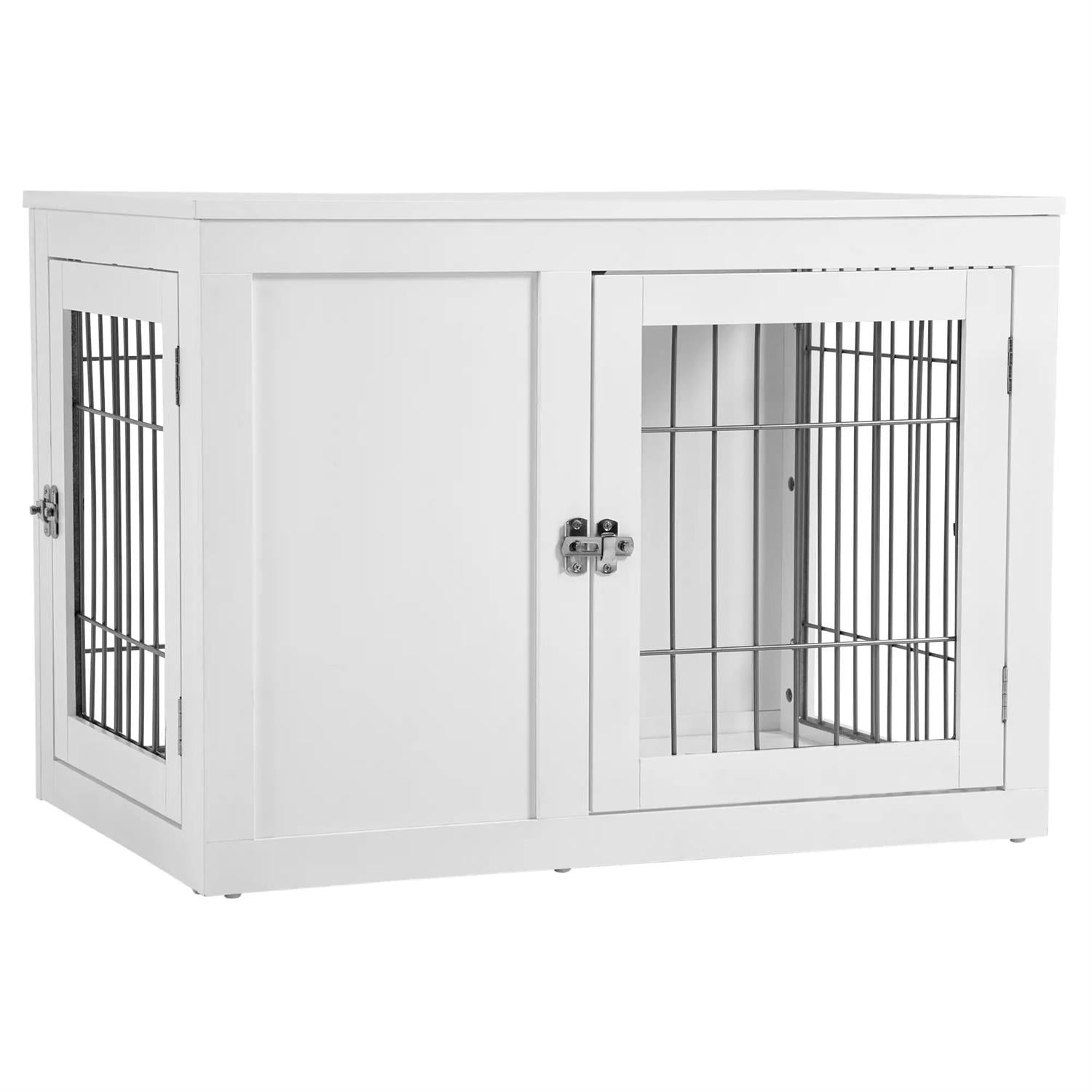Pefilos 32" Dog Crate Furniture with Double Doors, Locks, Wooden Wire Kennel Table, Indoor Dog House for Small and Medium Dogs, White