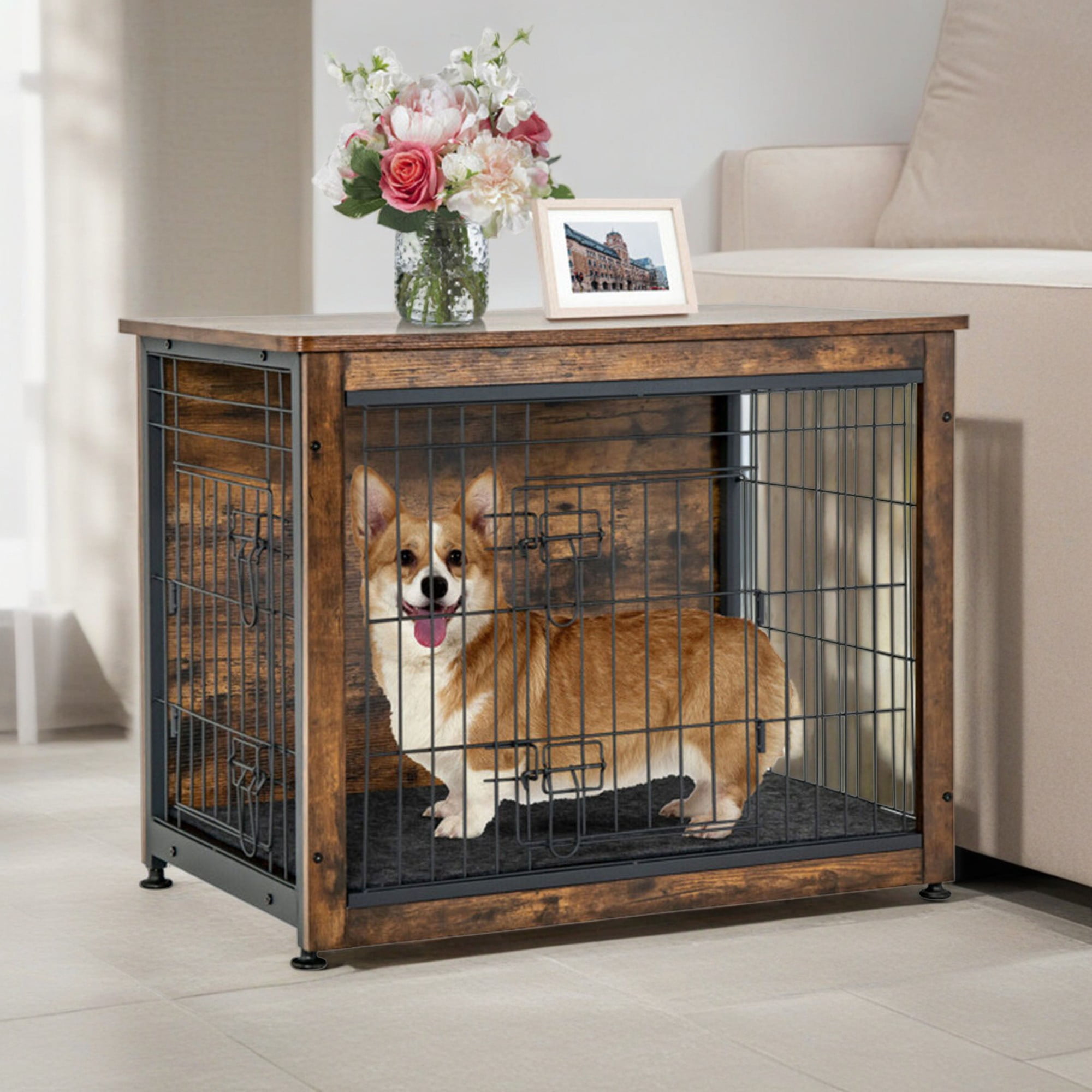Pefilos 32" Dog Crates for Dogs with Tray and Double Door, Wood Indoor Dog Cages Furniture