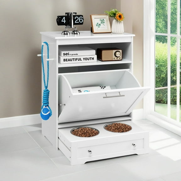 Pefilos 32" Dog Feeder Station with Stainless Steel Bowl, Dog Food Storage Container, Pull Out Pet Food Cabinet, White