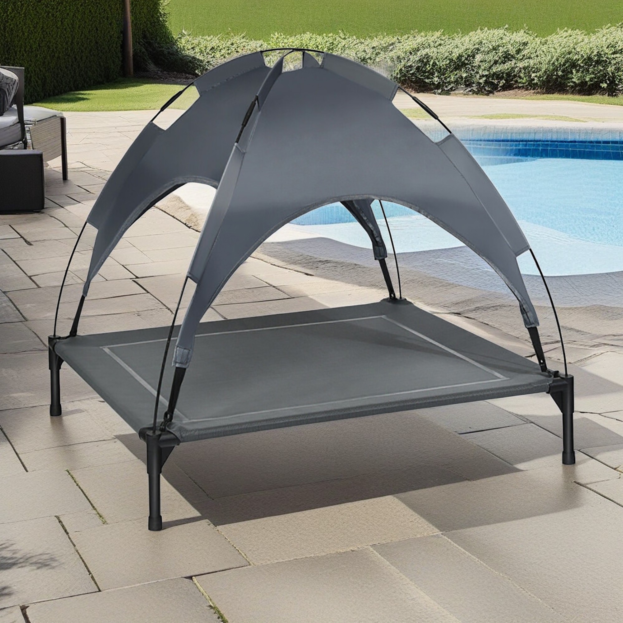 Pefilos 32" Elevated Dog Bed with Canopy, Outdoor Dog Cot with Removable Canopy Shade Tent, Portable Raised Pet Cot Cooling Bed for Dogs and Cats, Gray