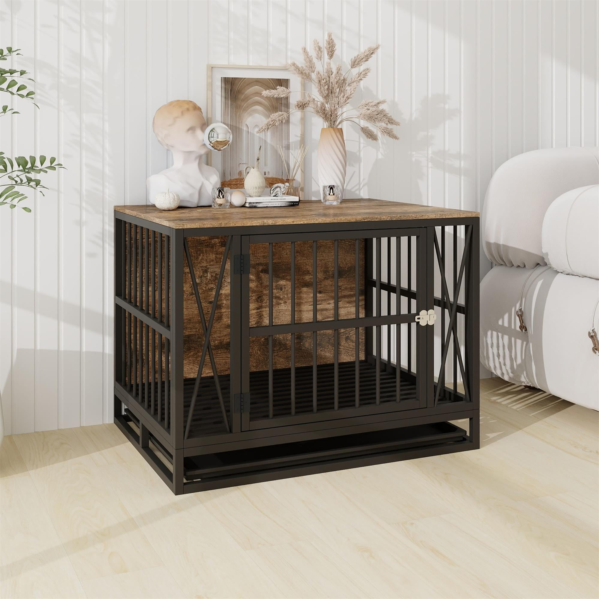 Pefilos 32" Heavy Duty Dog Crates Furniture, Heavy-Duty Escape Proof Dog Cages, Indoor Dog Kennel with Removable Tray, Brown Pefilos 32" Heavy Duty Dog Crates Furniture, Heavy-Duty Escape Proof Dog Cages, Indoor Dog Kennel with Removable Tray, Brown