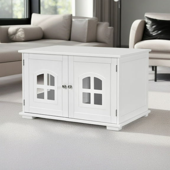 Pefilos 32" Large Wooden Cat Litter Box Enclosure Hidden Cat Washroom with Divider, Cat House Furniture, White