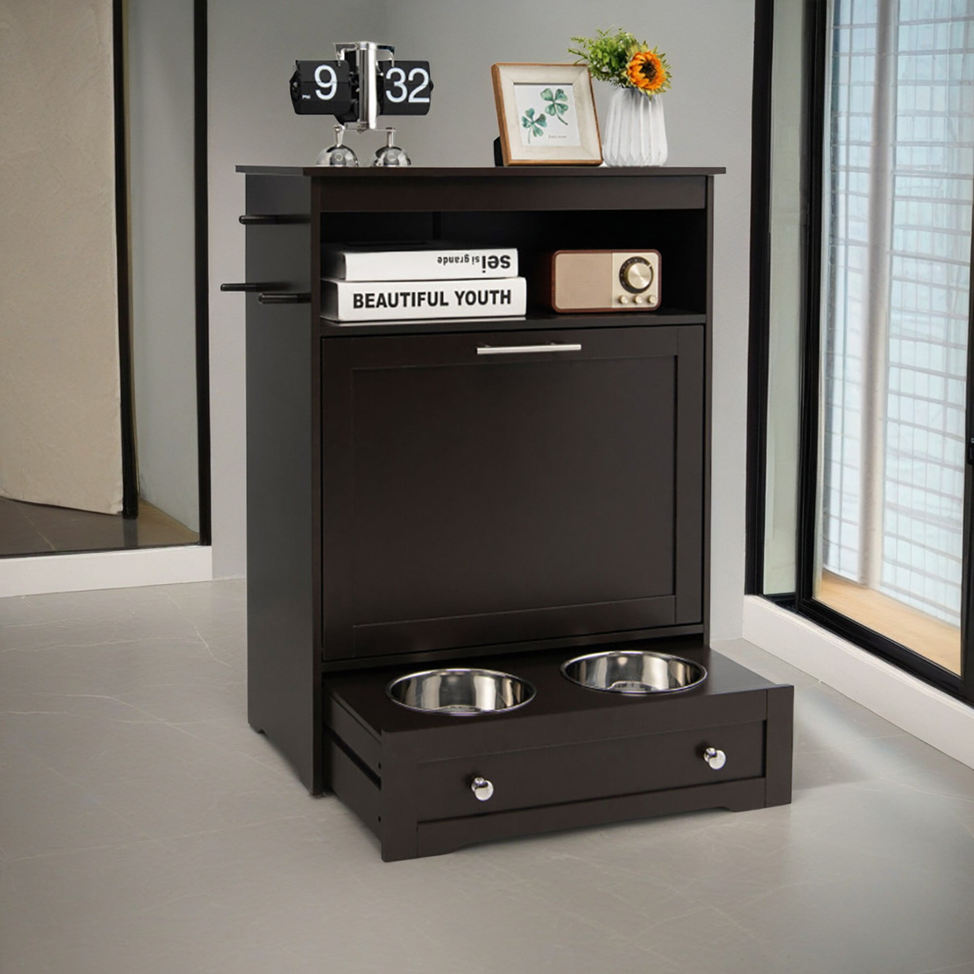 Pefilos 32" Modern Dog Feeder Station Furniture with 2 Raised Dog Bowls, Dog Food Storage Container, Pull Out Pet Food Cabinet, Brown