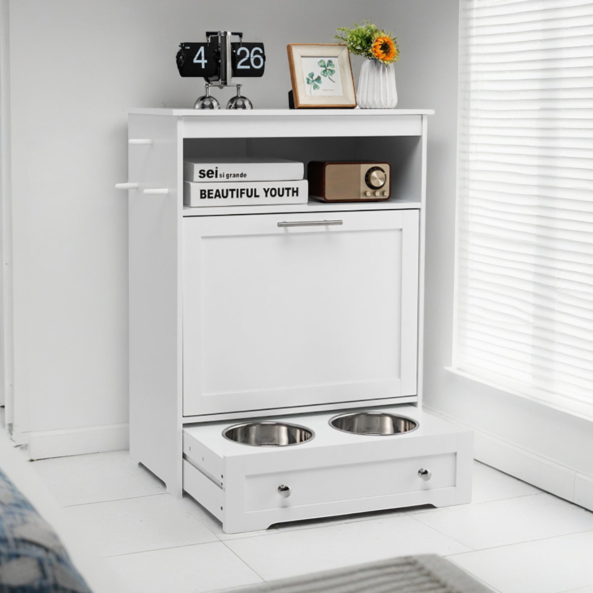 Pefilos 32" Modern Dog Feeder Station Furniture with 2 Raised Dog Bowls, Dog Food Storage Container, Pull Out Pet Food Cabinet, White Pefilos 32" Modern Dog Feeder Station Furniture with 2 Raised Dog Bowls, Dog Food Storage Container, Pull Out Pet Food Cabinet, White