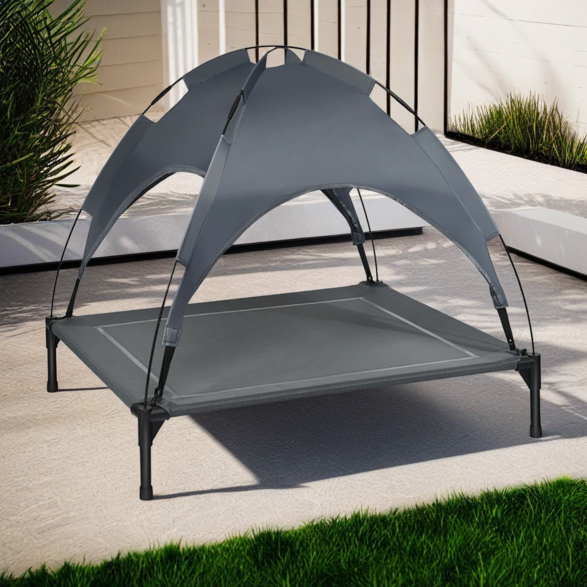 Pefilos 32" Outdoor Elevated Dog Cot with Removable Canopy Shade, Pet Bed for Camping Small Medium Dogs, Portable Cooling Raised Dog Bed with and Side for Beach, Gray