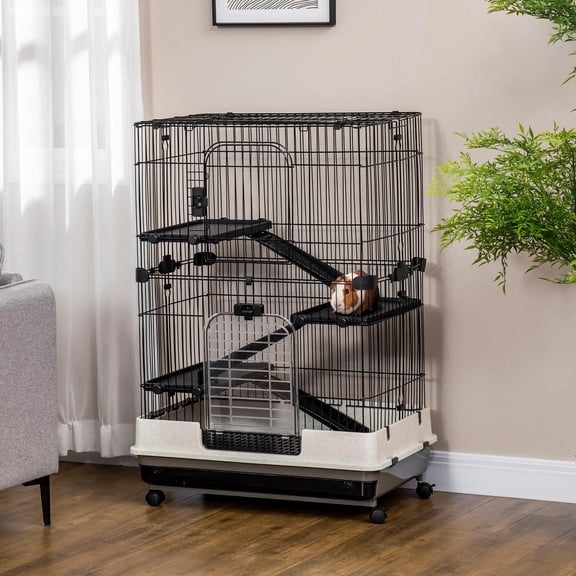 Pefilos 32" Small Animal Metal Pet Cage 3-Tier Wire Cat Cage Playpen Kennel with Lockable Casters Pull-out Tray for Indoor Kitten Rabbit Ferret Guinea Pig Squirrel, Gray