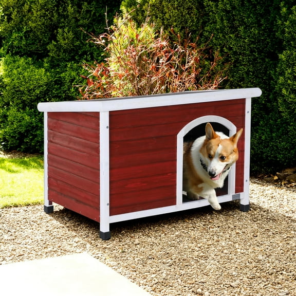 Pefilos 41.5" Width Wooden Dog Houses for Small Medium Large Dogs Outdoor Weatherproof Dog Kennel with Raised Feet, Red