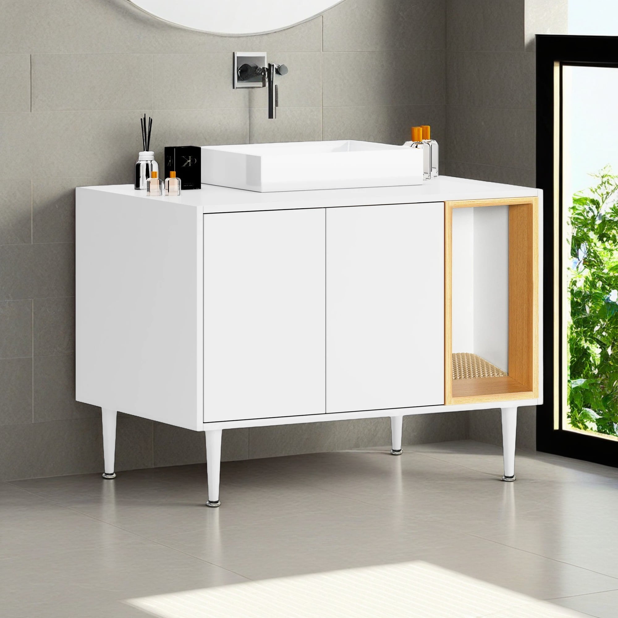 Pefilos 32" Wooden Cat Litter Box Enclosure Furniture with Divider, Large Hidden Litter Box for Bathroom Sink Cabinet, Cat House Washroom, White Pefilos 32" Wooden Cat Litter Box Enclosure Furniture with Divider, Large Hidden Litter Box for Bathroom Sink Cabinet, Cat House Washroom, White