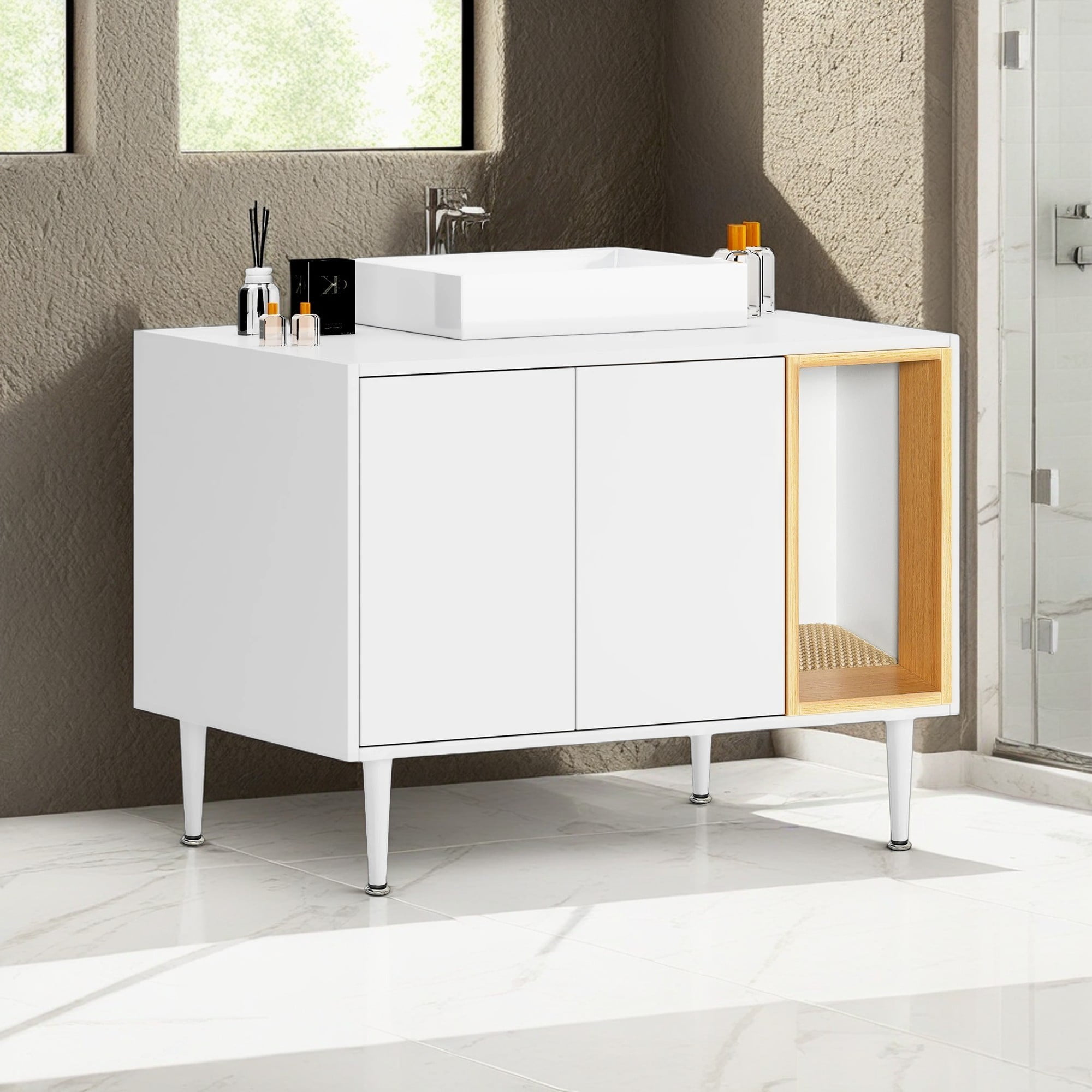Pefilos 32" Wooden Cat Litter Box Enclosure for Bathroom Sink Cabinet, Hidden Litter Box Furniture with Divider, Cat House Washroom, White Pefilos 32" Wooden Cat Litter Box Enclosure for Bathroom Sink Cabinet, Hidden Litter Box Furniture with Divider, Cat House Washroom, White