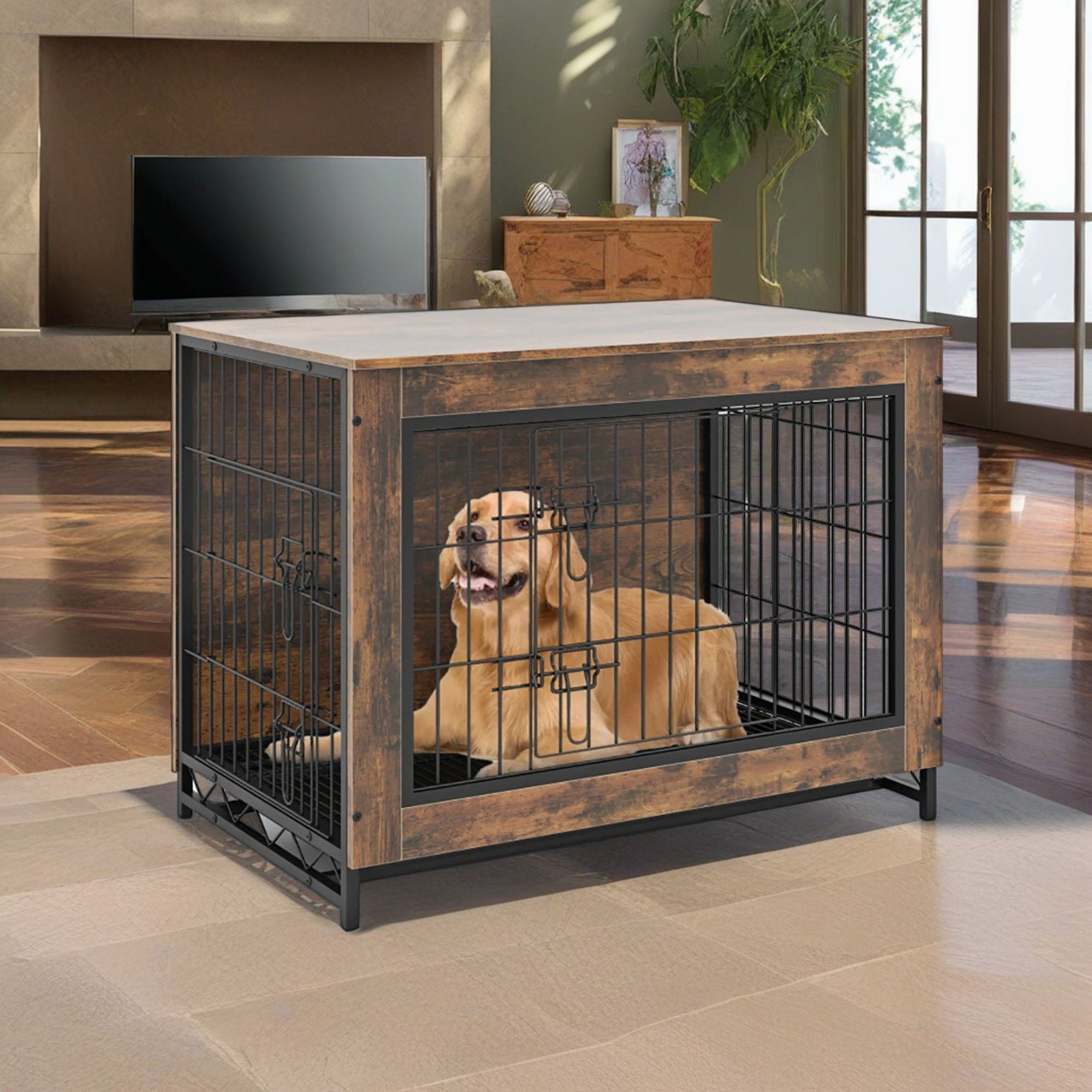 Pefilos 32" Wooden Dog Crate Furniture for Indoor Dogs, Dog Kennel with Double Lockable Doors and Removable Tray, Modern Dog Cage for Small/Medium Dogs, Brown Pefilos 32" Wooden Dog Crate Furniture for Indoor Dogs, Dog Kennel with Double Lockable Doors and Removable Tray, Modern Dog Cage for Small/Medium Dogs, Brown