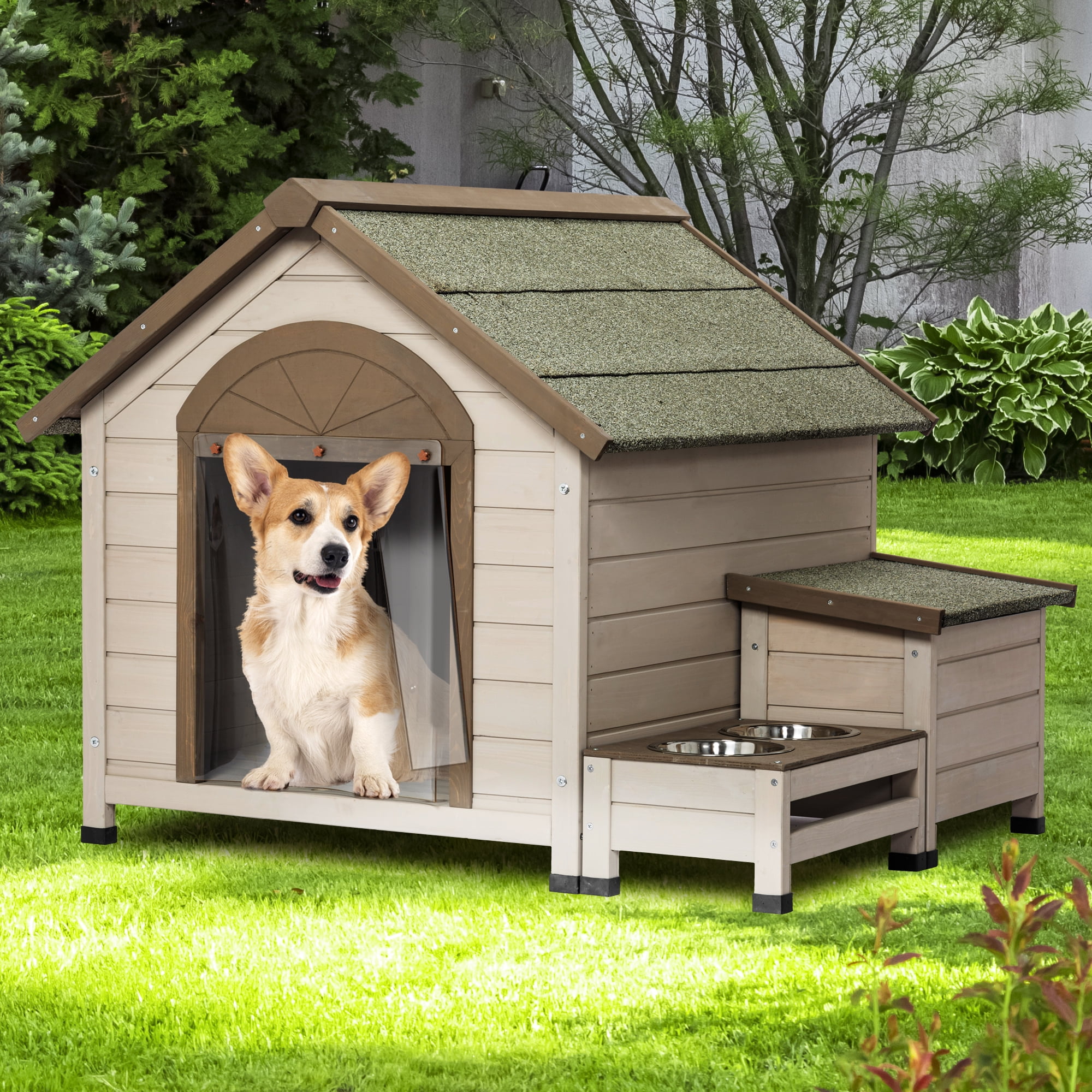 Pefilos 32" Wooden Dog House for Outdoor Puppy Shelter Kennel Dog Crate with Feeder Cat Pet Cages, Beige Pefilos 32" Wooden Dog House for Outdoor Puppy Shelter Kennel Dog Crate with Feeder Cat Pet Cages, Beige