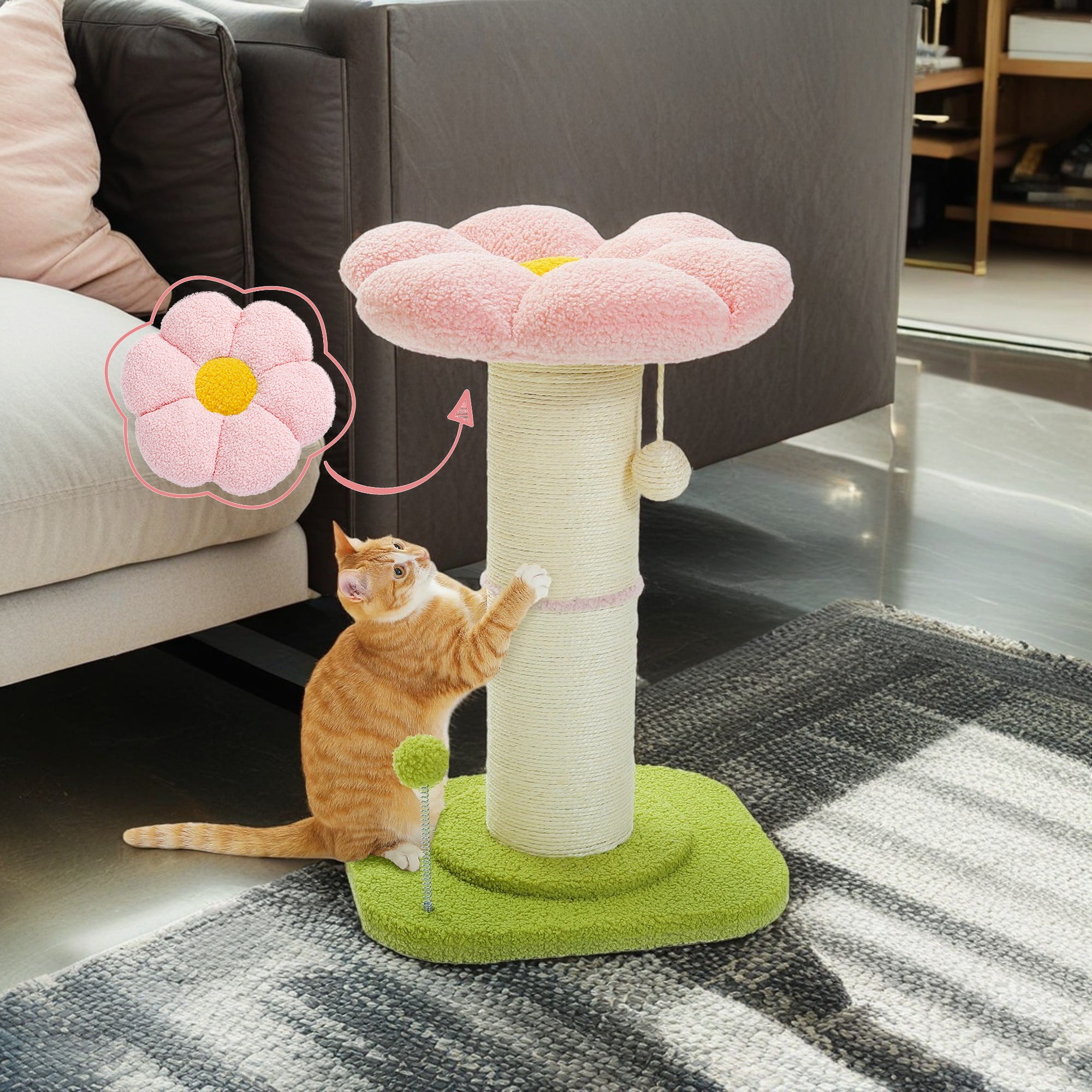 Pefilos 23" Flower Cat Scratching Post for Indoor Cats, Small Cat Tree Tower with Perches and Spring Ball for Adult Cats, Pink Pefilos 23" Flower Cat Scratching Post for Indoor Cats, Small Cat Tree Tower with Perches and Spring Ball for Adult Cats, Pink