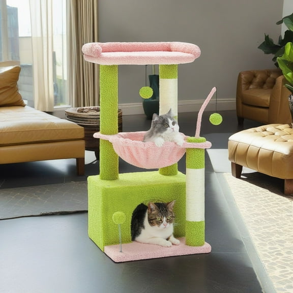 Pefilos 33" Cat Tree Tower Grey for Indoors Cats, Kitty Condo with Scratching Post, Modern Activity Climbing for Small and Medium Cats, Pink