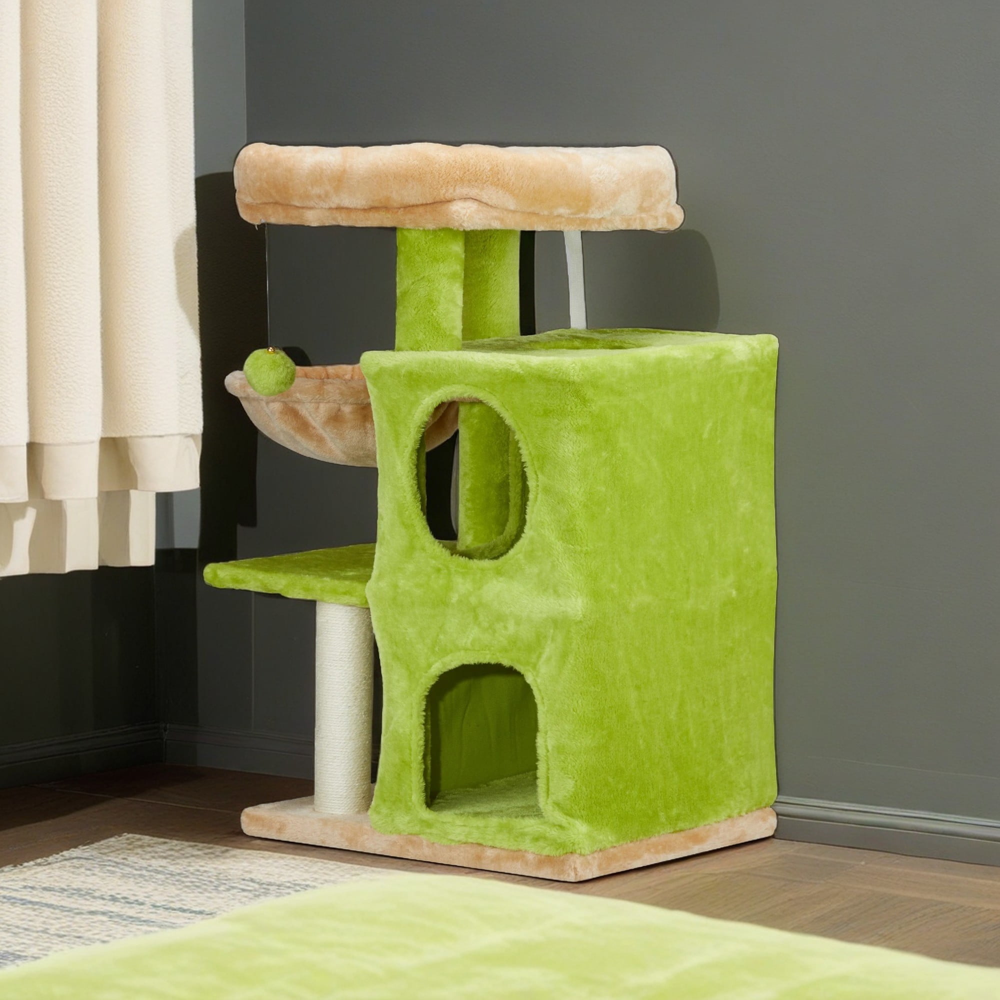 Pefilos 33" Cat Tree Tower with Dual Condos for Indoor Cats, Plush Cat House with Padded Perch, Scratching Posts and Hammock, Green Pefilos 33" Cat Tree Tower with Dual Condos for Indoor Cats, Plush Cat House with Padded Perch, Scratching Posts and Hammock, Green