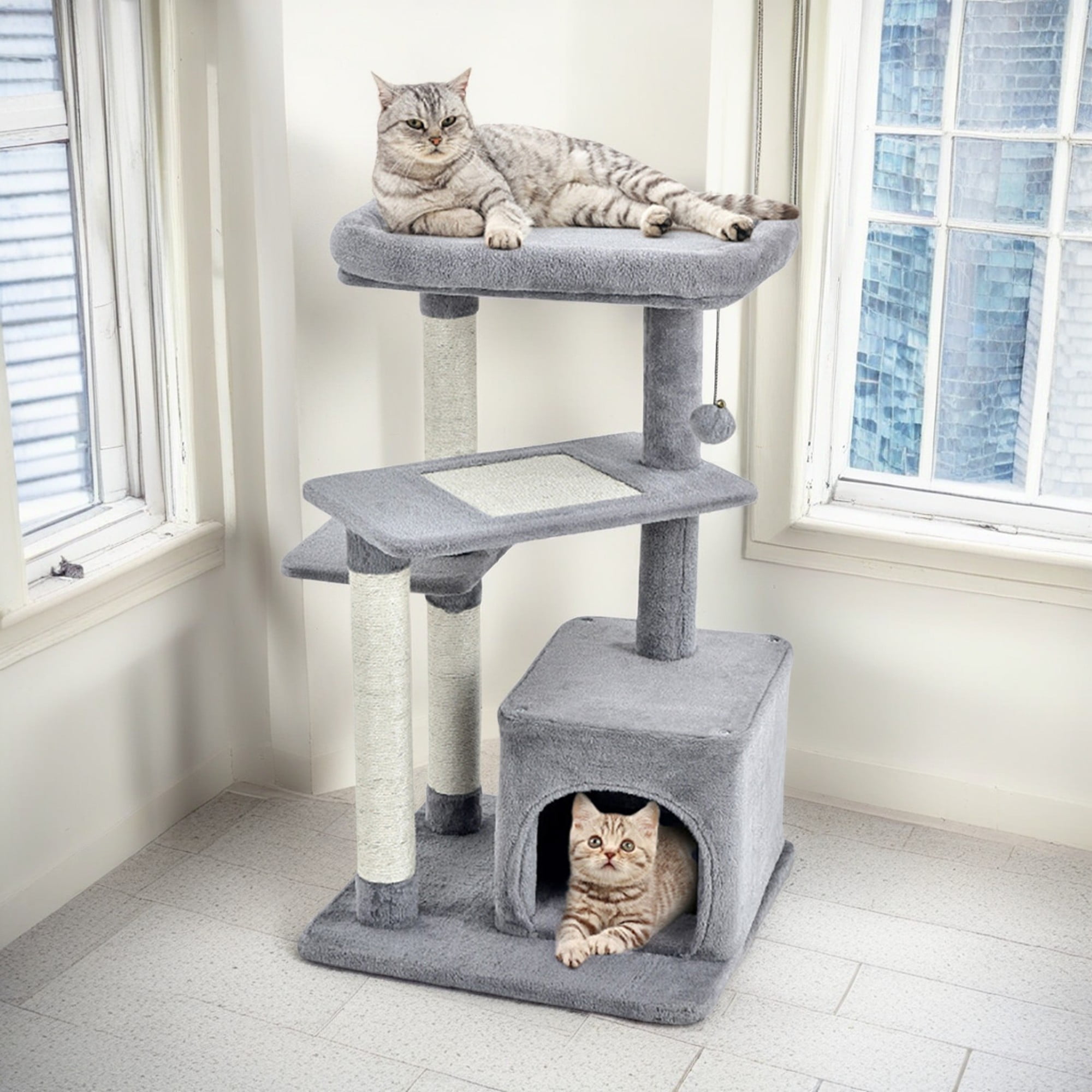 Pefilos 33" Cat Tree for Small Indoor Cats, Plush Cat Tower with Large Cat Condo, Perch and Sisal Cat Scratching Post for Kittens, Gray