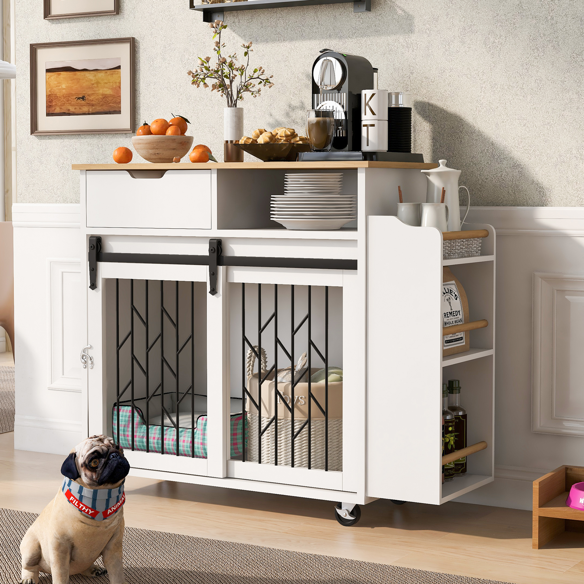 Pefilos 43" Dog Crate Furniture with Cushion, Wooden Dog Cage Dog House Furniture, Indoor Dog Kennel for Small/Medium，End Table, Beige