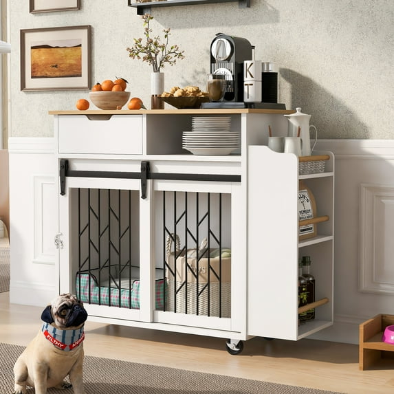 Pefilos 33" Dog Crate Furniture with Wheels, Wooden Indoor Dog Cage Kennel for Small/Medium, Kitchen Island Dog House, White