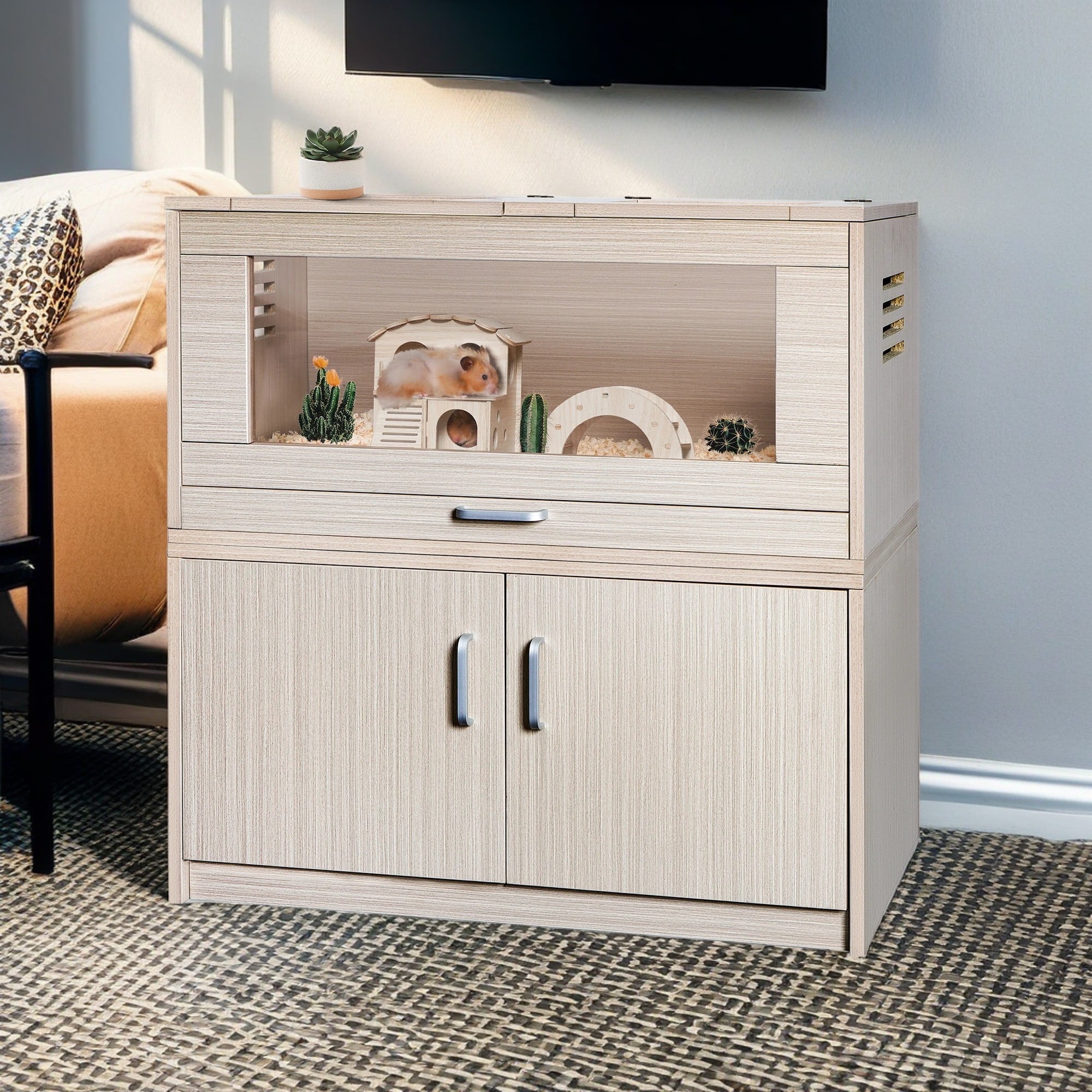 Pefilos 33" Guinea Pig Hutch with Independent Storage Cabinet, Wood Hamster Cage with Hideout, Rat House Cage Openable Top, Light Beige
